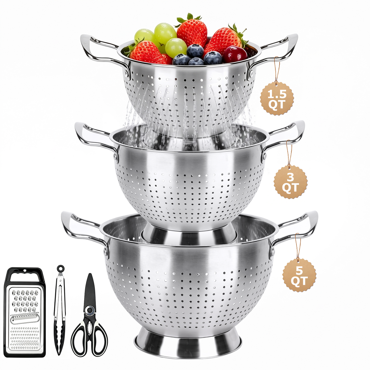 Colander Set of 3, TAIMASI 1.5, 3 & 5 Quart Stainless Steel Micro-Perforated Colanders Strainers for Draining Rinsing Washing, Kitchen Colanders Bowl for Pasta Fruits, Dishwasher Safe