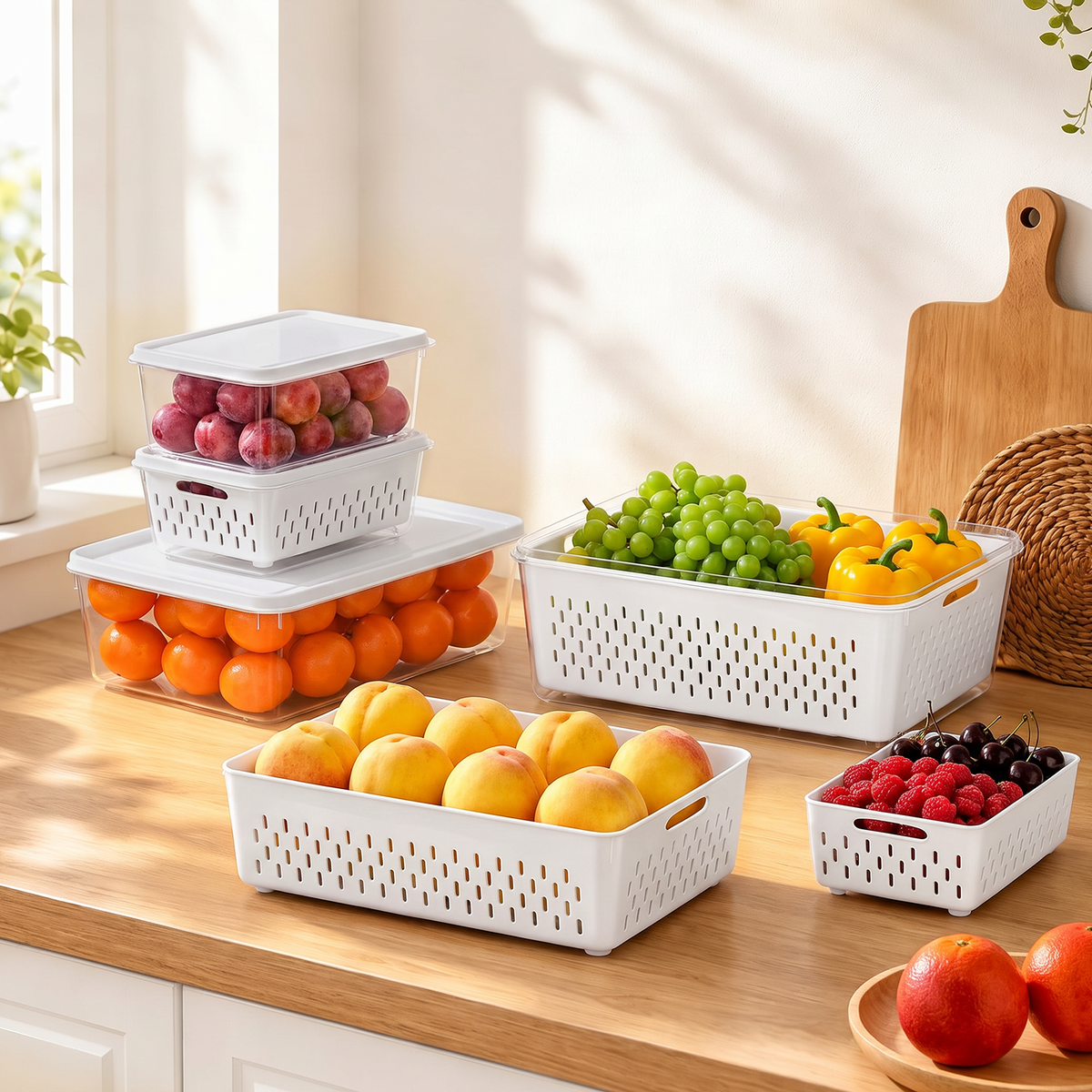 Wynra 4 Pack Fruit Storage Container for Fridge with Airtight Lids & Removable Colander, BPA-Free Plastic Fridge Organizer Bins Produce Saver for Salad Berry Vegetables Meat Keeper Fresh