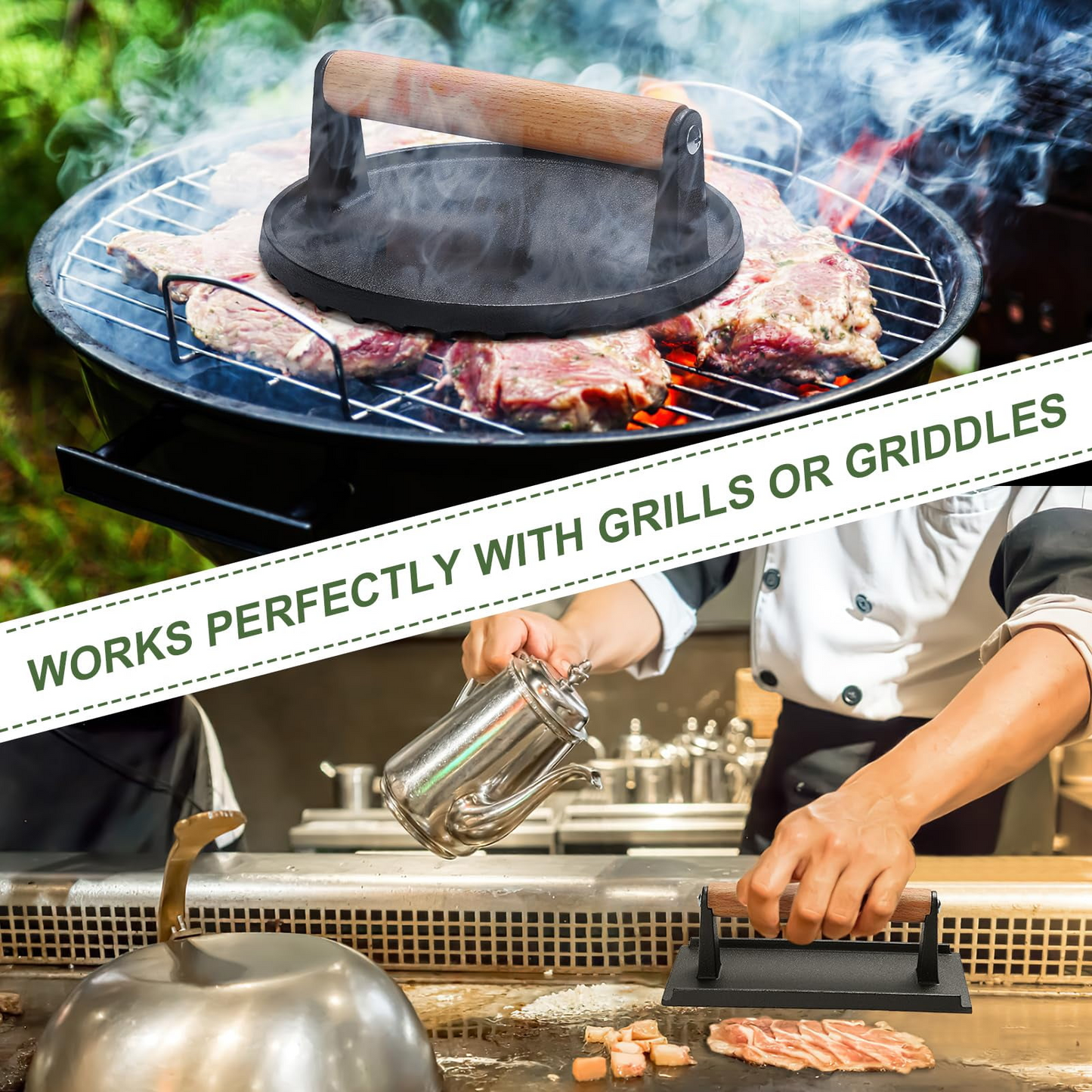 Mibote 7 " Round 8.2" x 4.3" Rectangle Cast iron Grill Press with Wooden Handle,Burger Press, Silicone Brush