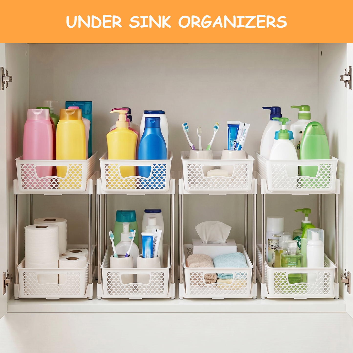4 Pack Pull Out Bathroom Organizers and Storage, 2 Tier Stackable Under Sink Storage Organizer for Bathroom, Kitchen Cabinet, Pantry, and Medicine Holder, Organization and Storage - White