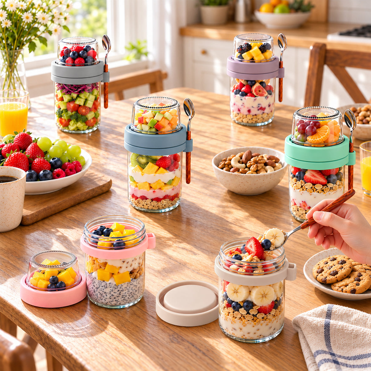 Wynra 6 Pack Dual-Layer Glass Overnight Oats Containers with Lids & Spoons, 16+4 oz Dry-Wet Separation, Leak Proof for Oatmeal, Yogurt & Salad