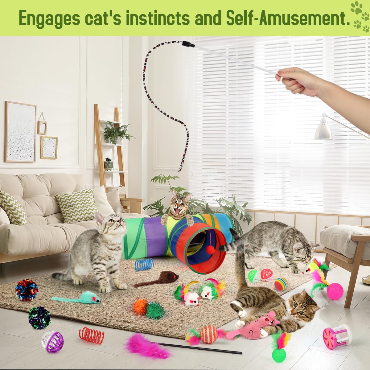TAIMASI 32 PCS Cat Toys Kitten Toys,Interactive Variety Catnip Toys with Collapsible Rainbow Tunnel,Cat Feather Teaser Crinkle Balls Spring Toy for Cat, Kitty,Puppy