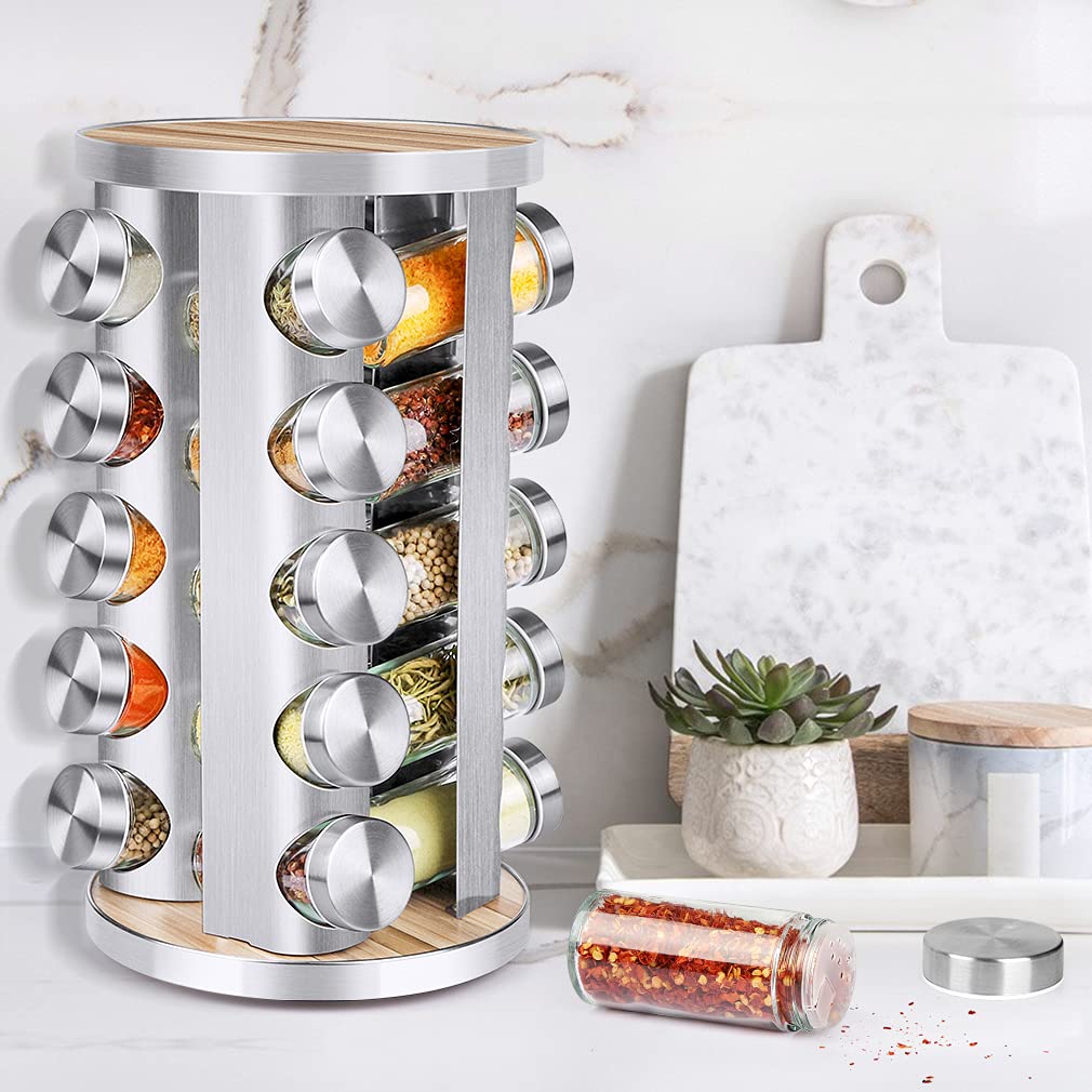 Spice Rack Organizer with Jars (20Pcs) for Cabinet Revolving / Rotating Organizer, Stainless Steel/Wooden Countertop Rack Tower Organizer for Kitchen Pantry with Reusable Labels / Funnel / Brushes