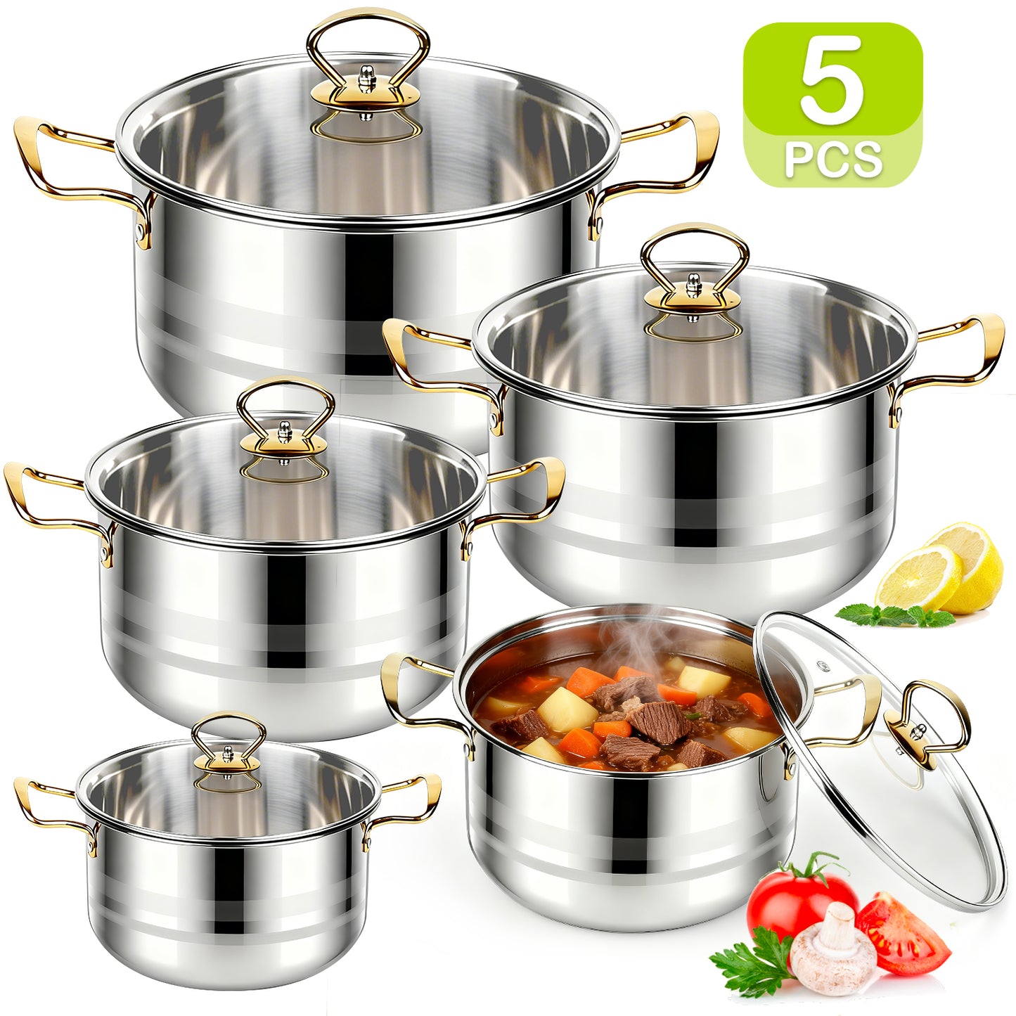 5 PCS Home Soup Pasta Pot, TAIMASI Stainless Steel Stock Pot with Visible Lid for Soup, Spaghetti, Heavy Duty Induction Cooking Pot for All Stoves, Dishwasher Safe