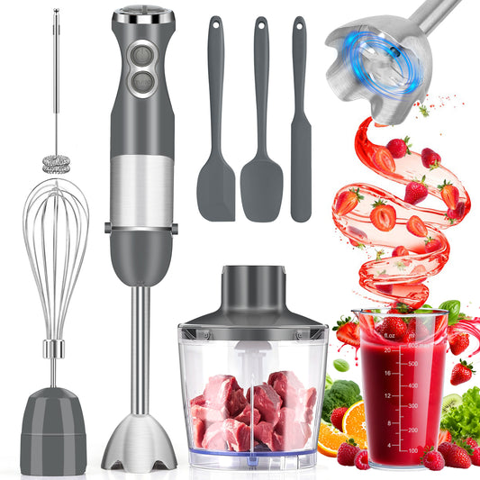 Immersion Blender Handheld, AOKIWO 5 in 1 Hand Blender 12 Speed Turbo Mode Stick Blender with Chopper, Milk Frother, Whisk, Beaker, Stainless Steel Hand Blender For Smoothie, Sauces
