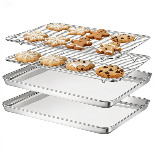 AOKIWO Baking Sheet with Rack Set (2 Pans + 2 Racks), Stainless Steel Baking Pan Cookie Sheet with Cooling Rack, Air Fryer Basket for Baking Grilling Frying