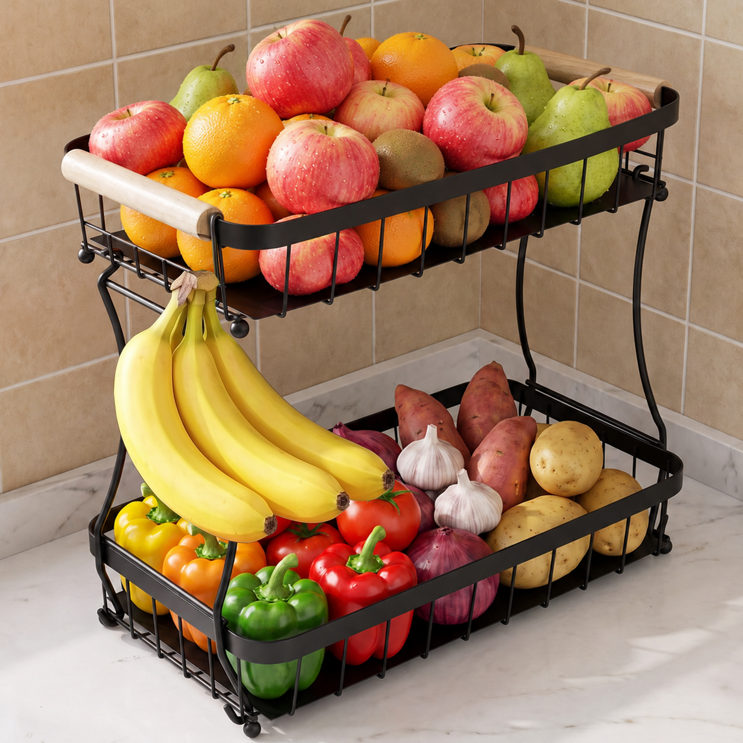 2 Tier Large Fruit Basket for Kitchen Counter with 2 Mobile Banana Hangers, TAIMASI Detachable Metal Fruit Bowl with Wooden Handle, Fruit Holder for Bread Snack Veggies with Protective Mats