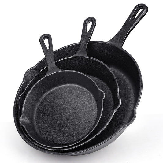 Cast Iron Skillet Set, TAIMASI 3-Piece Pre-Seasoned Pan Cookware Set, 10", 8", 6" Frying Pans with Handles, Heavy-Duty Cookware Set with Non-Stick Surface For Saute, Cooking, Pizza