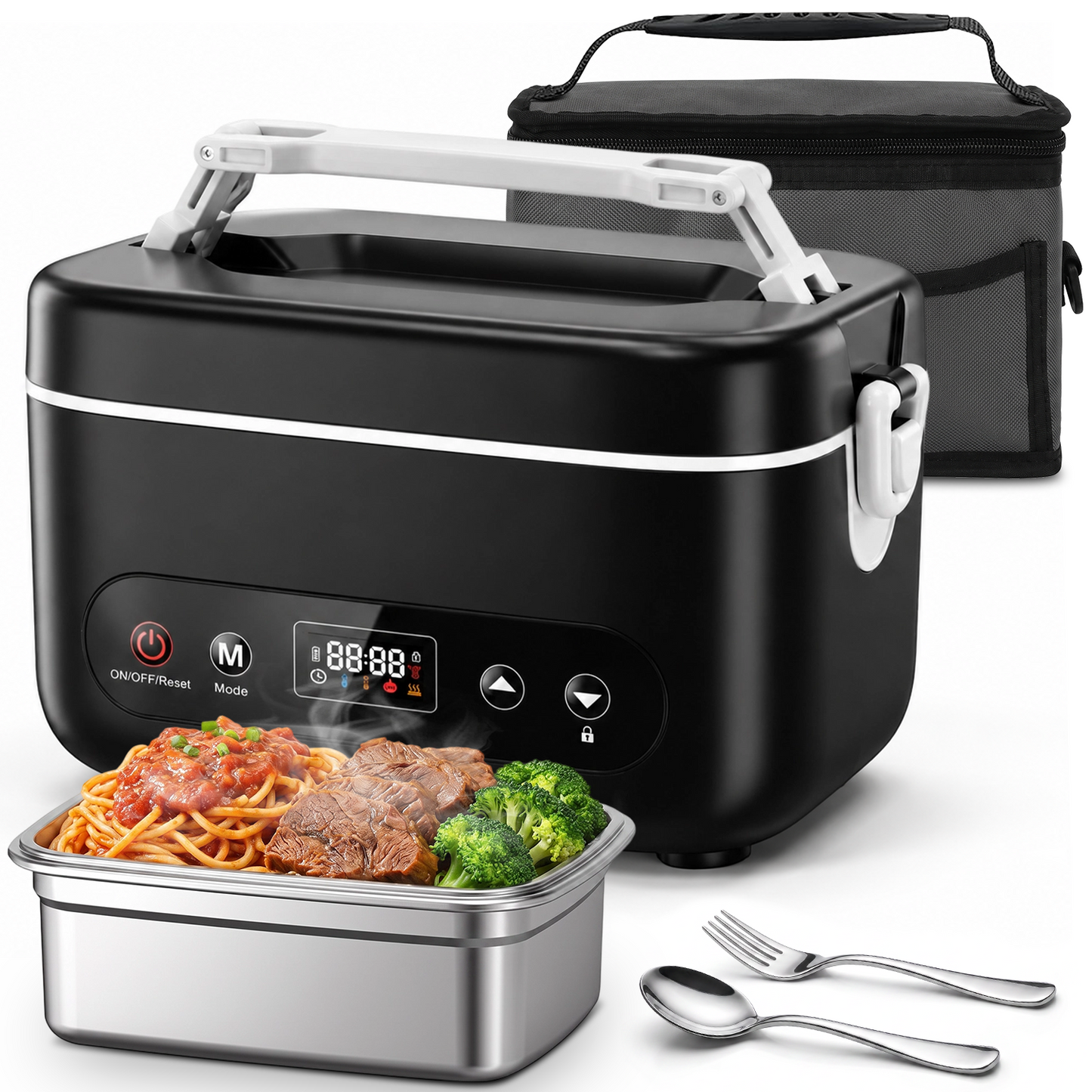 Heated Lunch Box, 5-Cup Electric Lunch Box for Adults, Rechargeable Heating Lunch Box with Scheduled Heating, Leak-Proof, Bonus Ice Pack & Insulated Bag for Work, Outdoor, Travel, Car, Office
