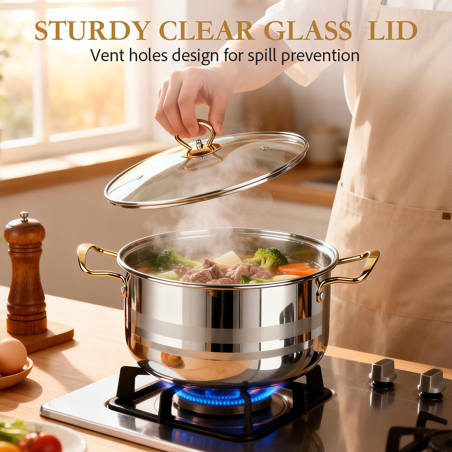 5 PCS Home Soup Pasta Pot, TAIMASI Stainless Steel Stock Pot with Visible Lid for Soup, Spaghetti, Heavy Duty Induction Cooking Pot for All Stoves, Dishwasher Safe