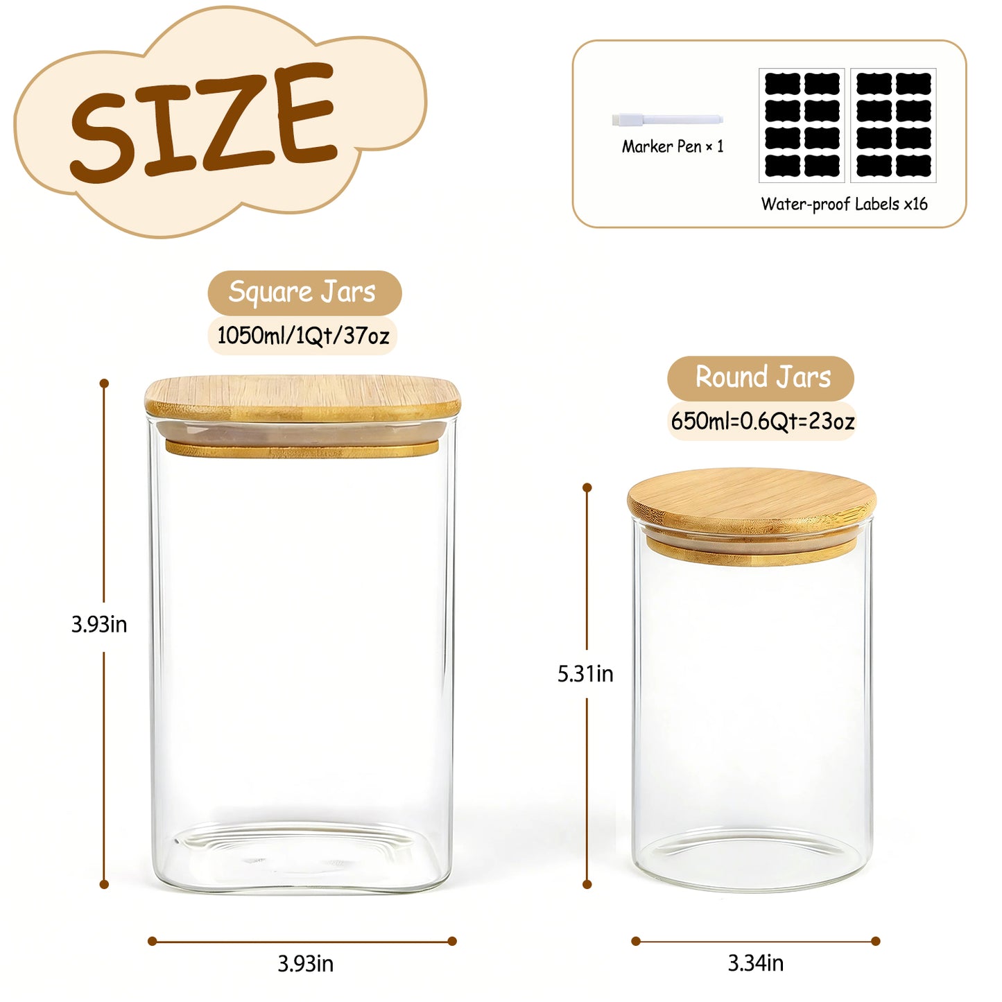 6 Pack Glass Storage Jars Set, 27oz & 37oz Clear Glass Food Storage Containers with Airtight Bamboo Lid, Stackable Kitchen Canisters for Candy, Cookie, Flour, Pasta, Nuts & Spice ( Labels + Marker)