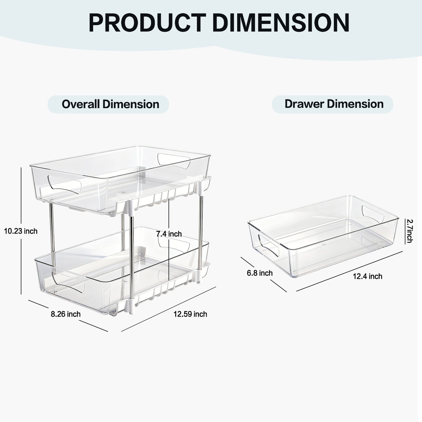 2 Pack Bathroom Organizer, 2 Tier Under Sink Organizers Vanity Countertop Storage Container, Kitchen Cabinet Drawers Bins, Pull-Out Organization for Pantry, Spice, White & Clear