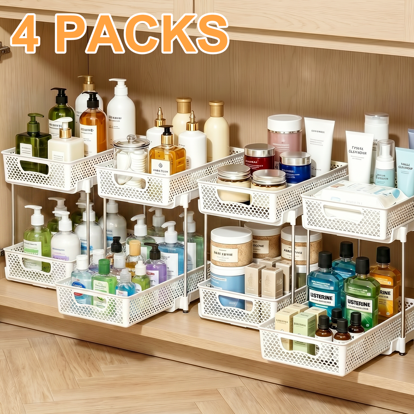4 Pack Pull Out Bathroom Organizers and Storage, 2 Tier Stackable Under Sink Storage Organizer for Bathroom, Kitchen Cabinet, Pantry, and Medicine Holder, Organization and Storage - White