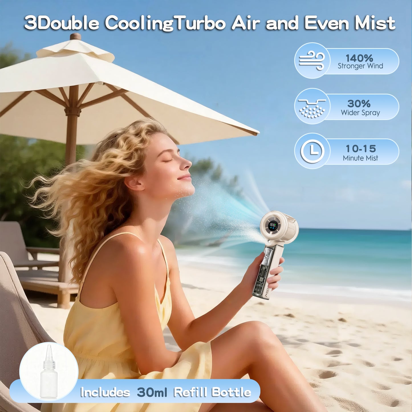 MIBOTE Handheld Rechargeable Misting Fan with Digital Display, 30ml Water Tank, Multiple Speeds, Portable for Outdoor and Travel –Khaki