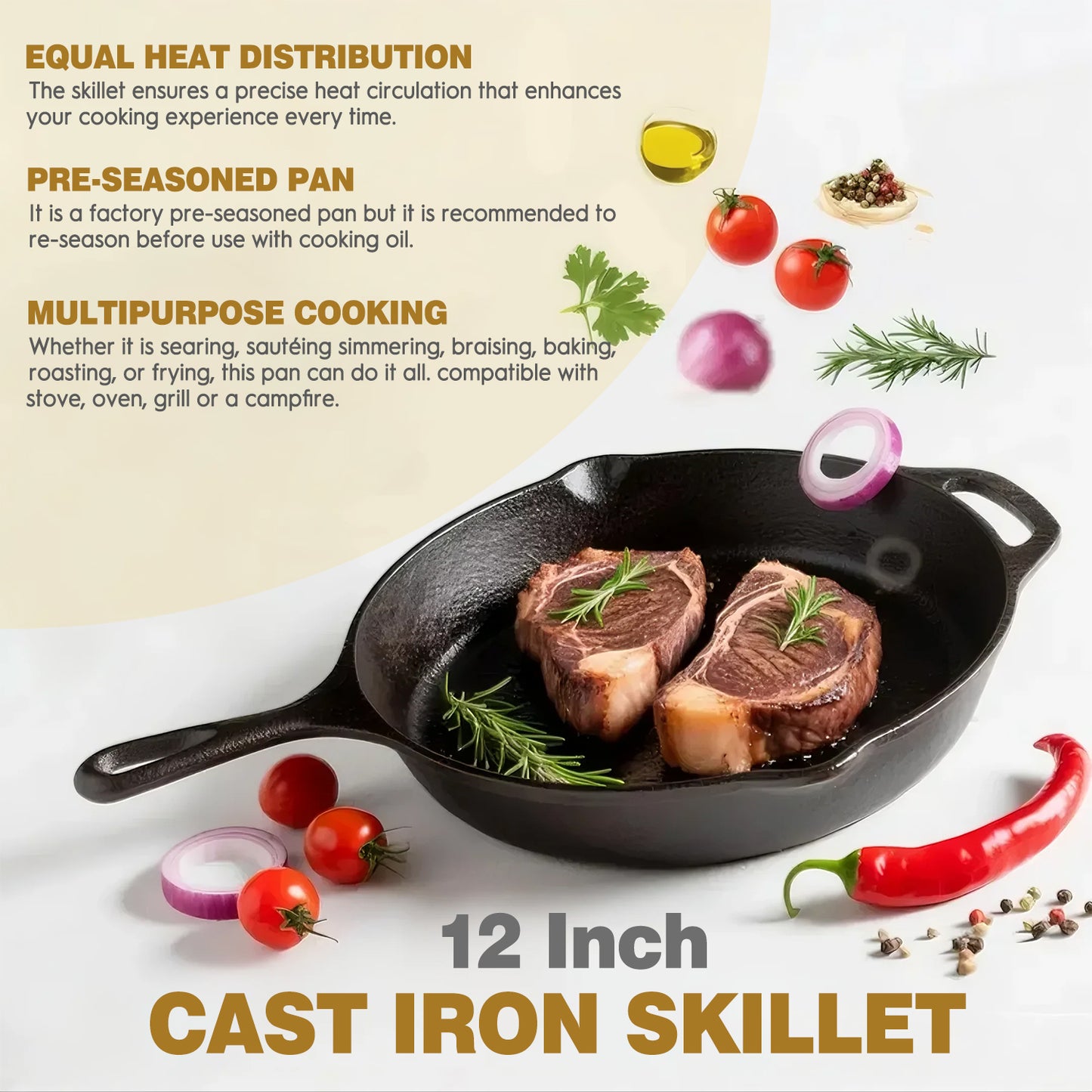 Cast Iron Skillet with Lid, AOKIWO 12" Pre-Seasoned Covered Frying Pan, Indoor/Outdoor Glass Cover Cookware Set for Grill, BBQ, Stovetop, Oven Safe