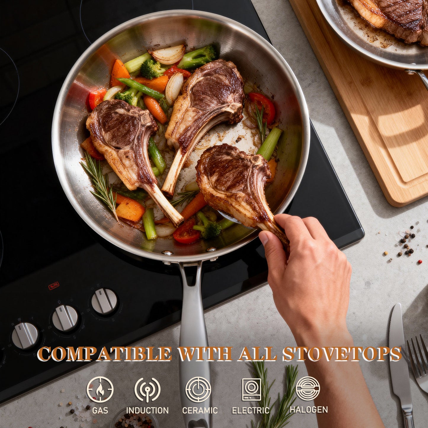 Tri-Ply Stainless Steel Frying Pan, TAIMASI 12 Inch Stainless Steel Skillet with Lid & Handle, 6 Quart Saute Pan Compatible with All Cooktops, Dishwasher and Oven Safe Cookware