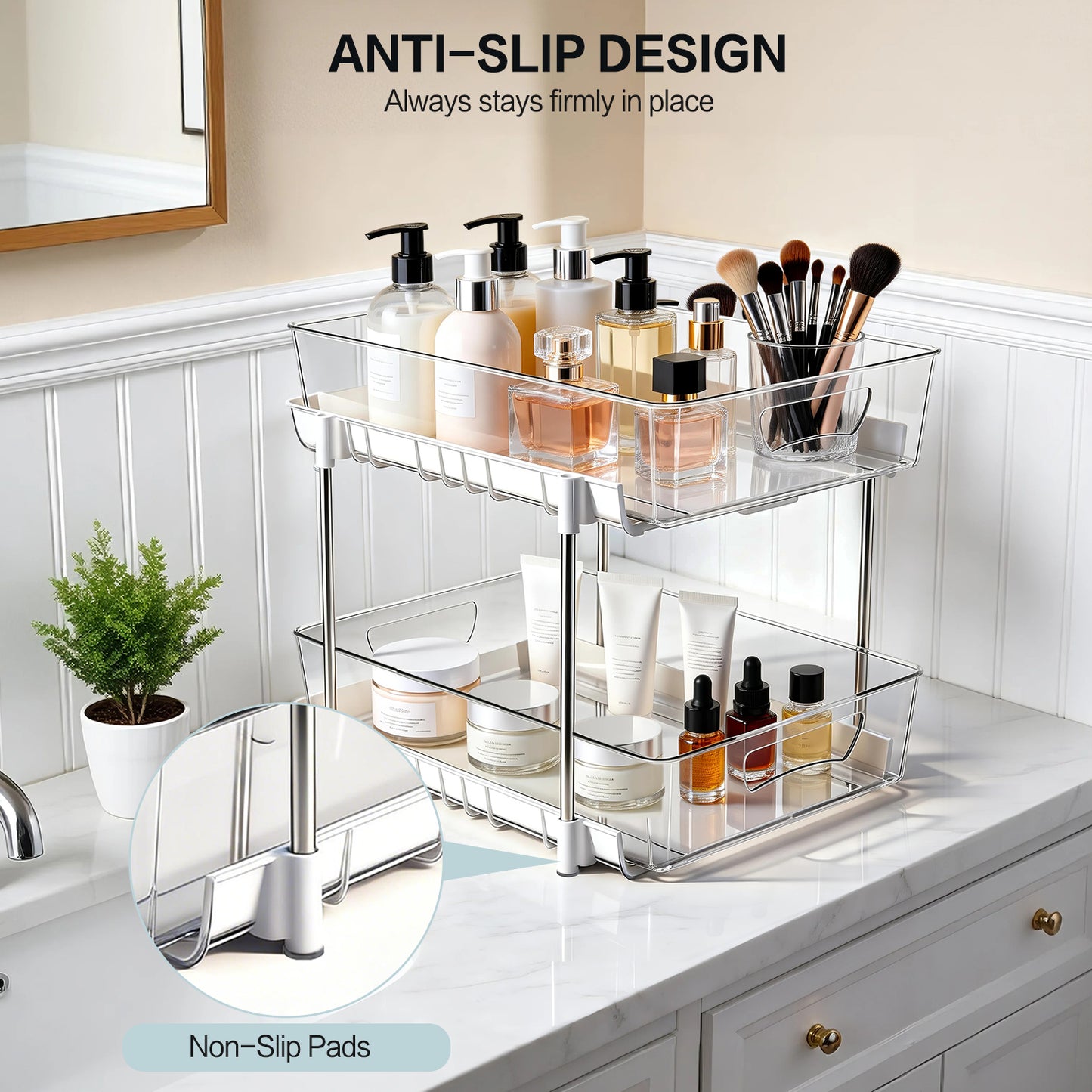 3 Pack Bathroom Organizer, 2 Tier Under Sink Organizers Vanity Countertop Storage Container, Kitchen Cabinet Drawers Bins, Pull-Out Organization for Pantry, Spice, White & Clear