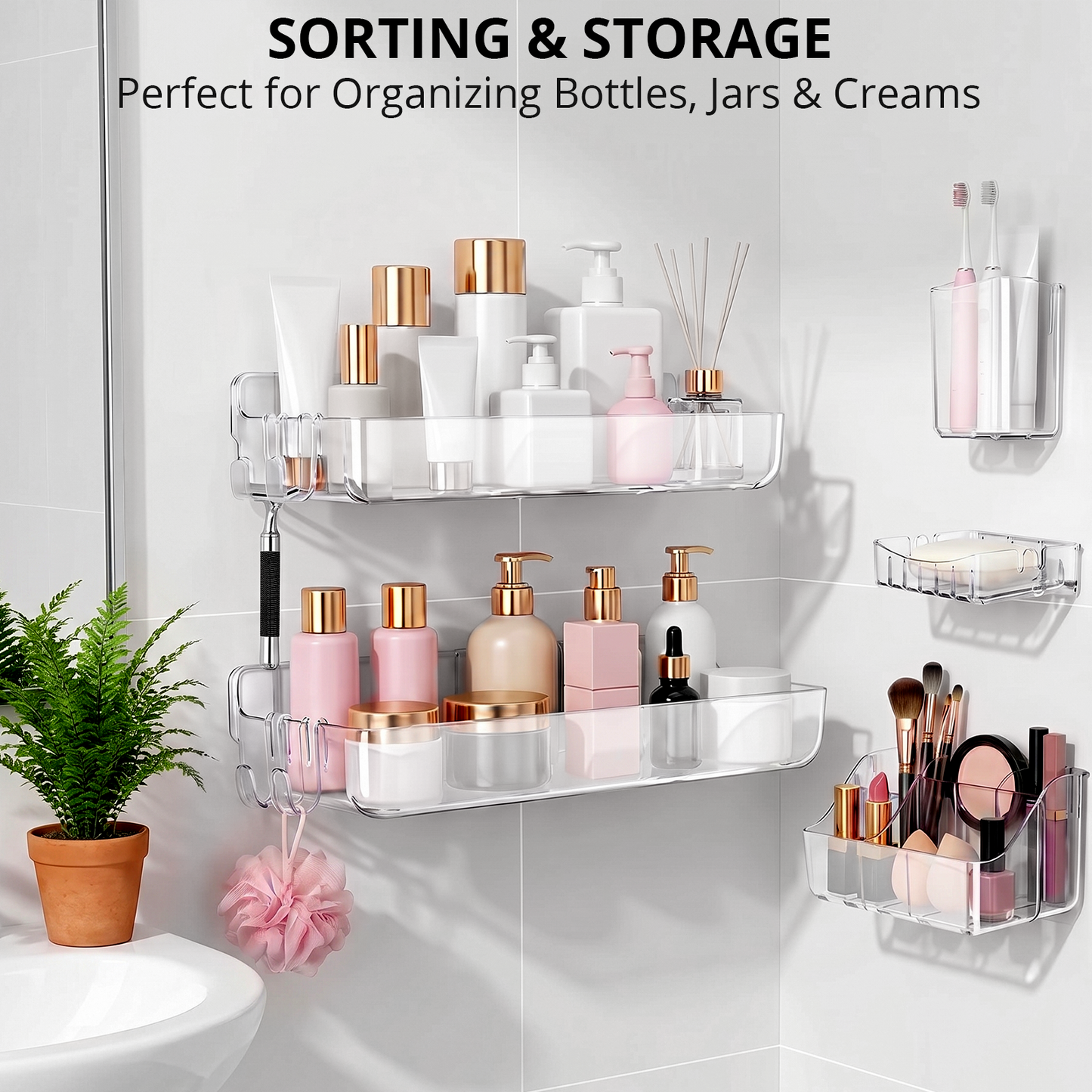 5 Pack Adhesive Shower Caddy, Clear Bathroom Organizers and Storage, Shower Organizer for Adhesive Wall Shelf, No Drill Wall Mounted Shower Shelves with Drainage Holes for Shampoo, Toiletries, Makeup