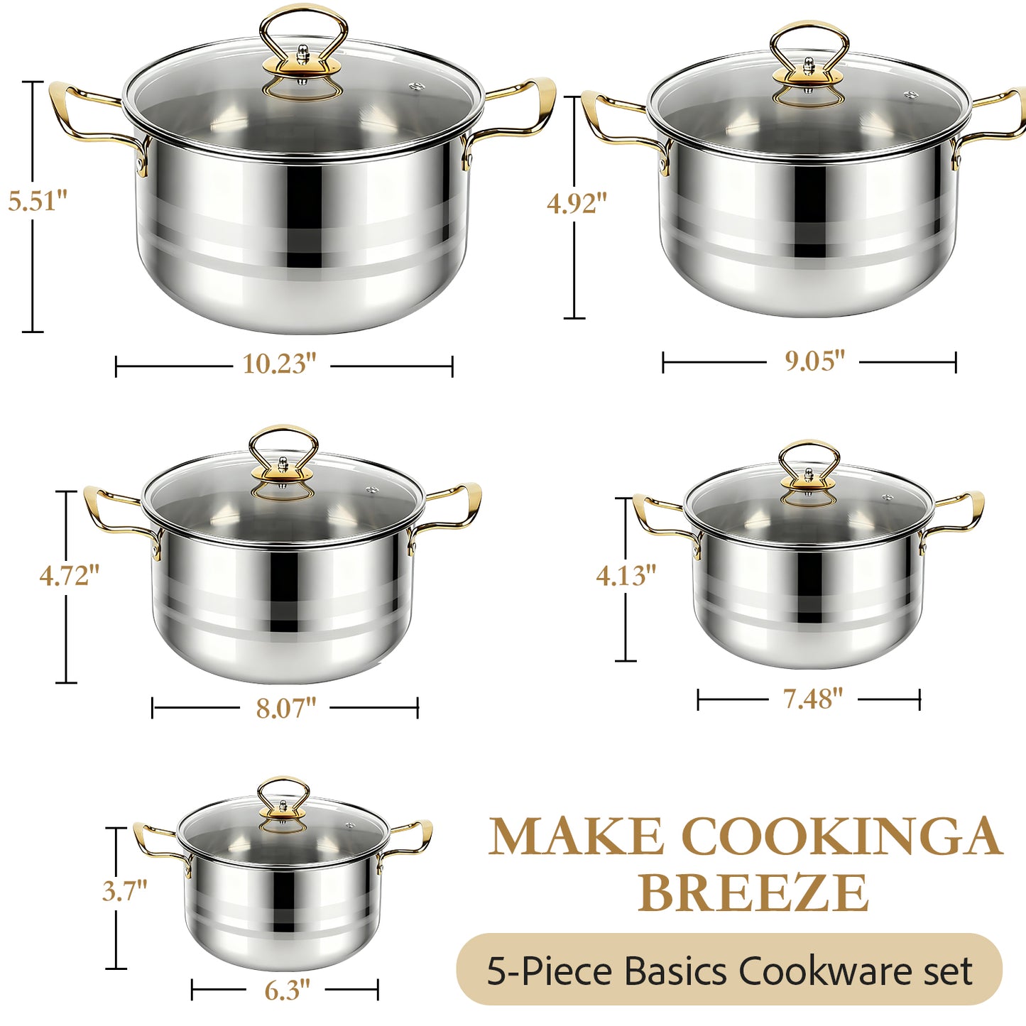 5 PCS Home Soup Pasta Pot, TAIMASI Stainless Steel Stock Pot with Visible Lid for Soup, Spaghetti, Heavy Duty Induction Cooking Pot for All Stoves, Dishwasher Safe