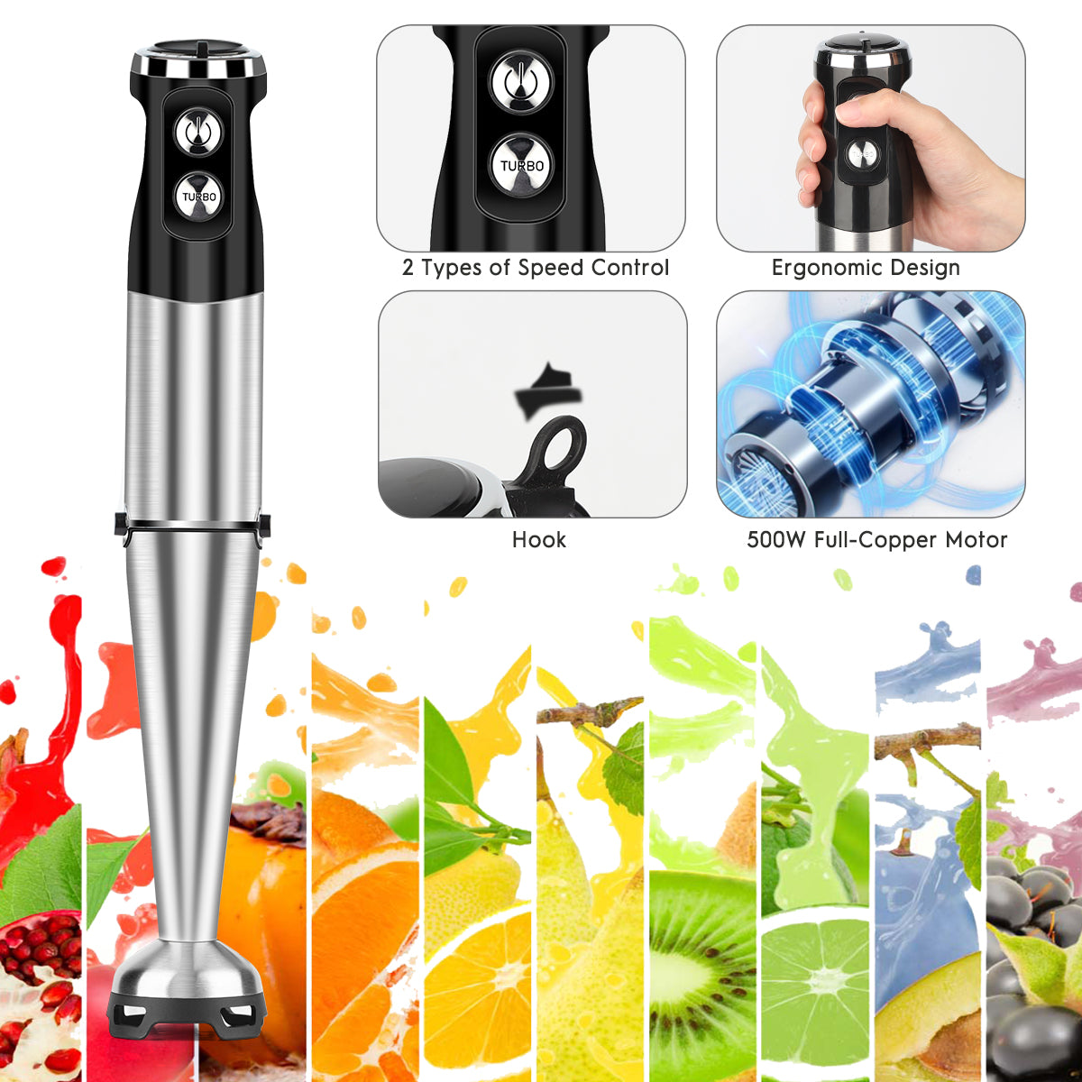 Immersion Blender Handheld Blender, AOKIWO 3 in 1 Corded Stick Hand Blenders for Kitchen with 12 Speed Control, Blender with Whisk, Frother for Smoothies, Soup, Puree