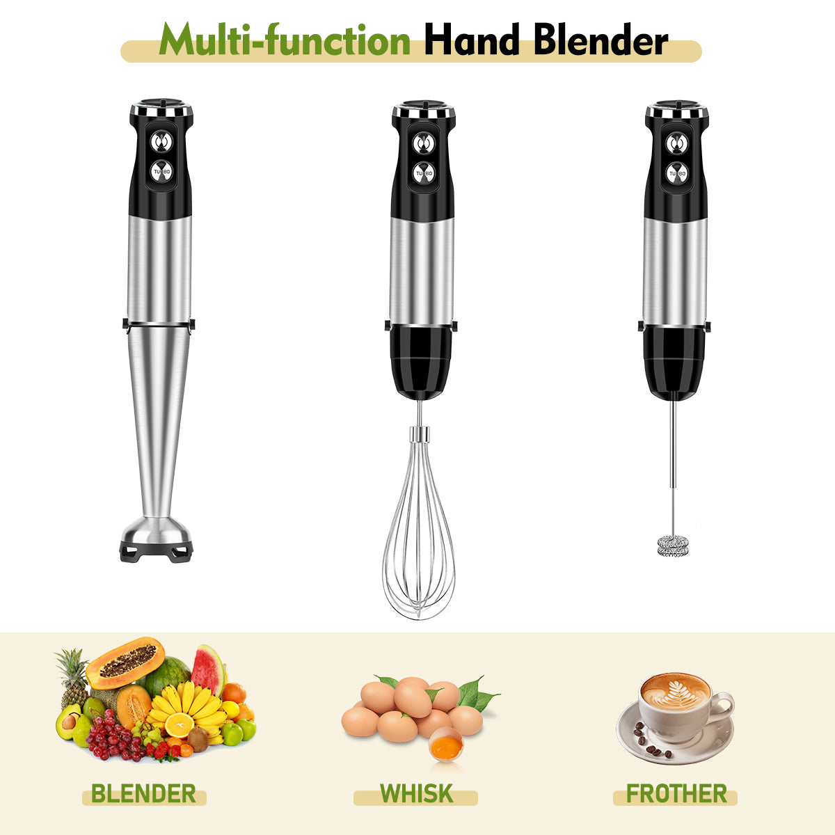 Immersion Blender Handheld Blender, AOKIWO 3 in 1 Corded Stick Hand Blenders for Kitchen with 12 Speed Control, Blender with Whisk, Frother for Smoothies, Soup, Puree