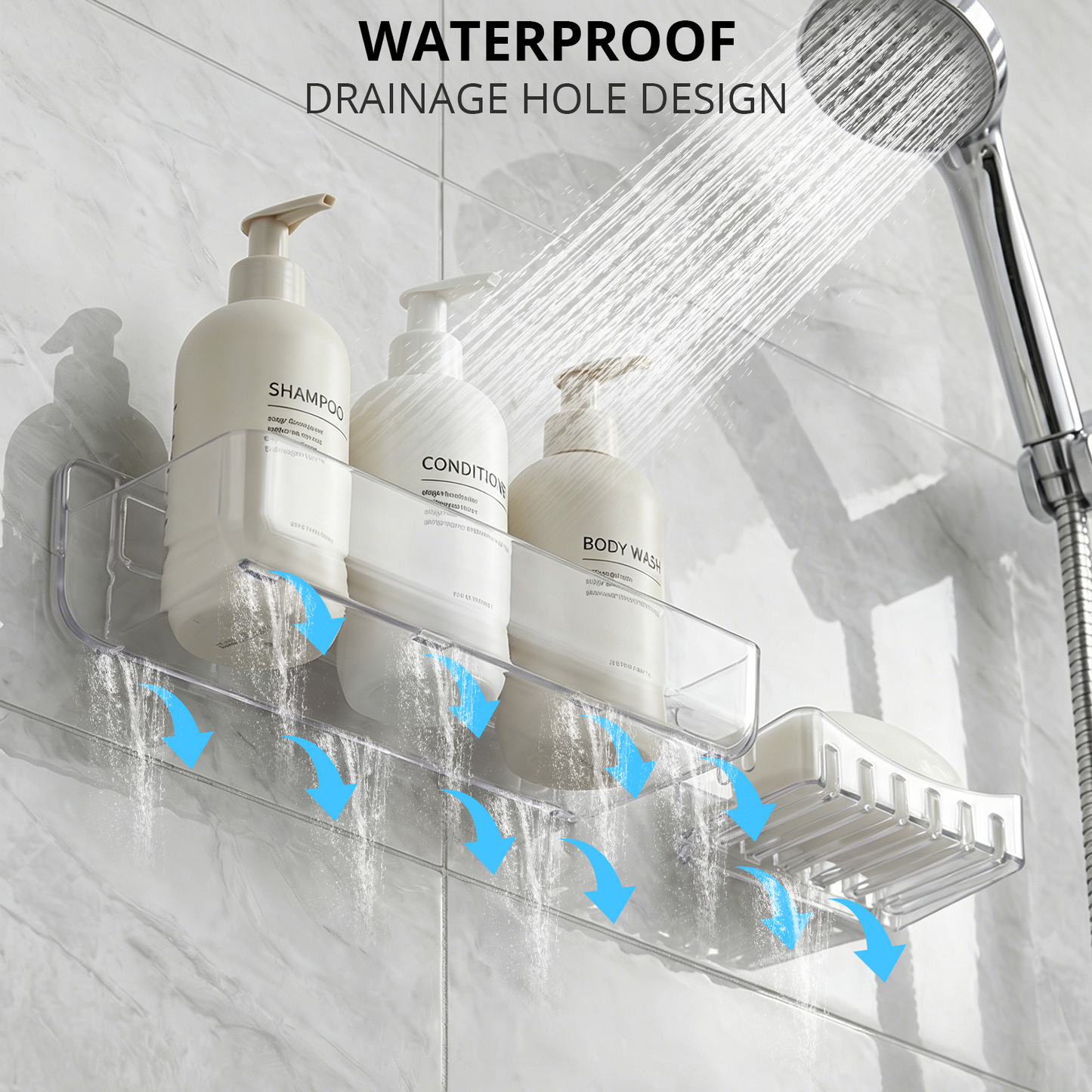 5 Pack Adhesive Shower Caddy, Clear Bathroom Organizers and Storage, Shower Organizer for Adhesive Wall Shelf, No Drill Wall Mounted Shower Shelves with Drainage Holes for Shampoo, Toiletries, Makeup