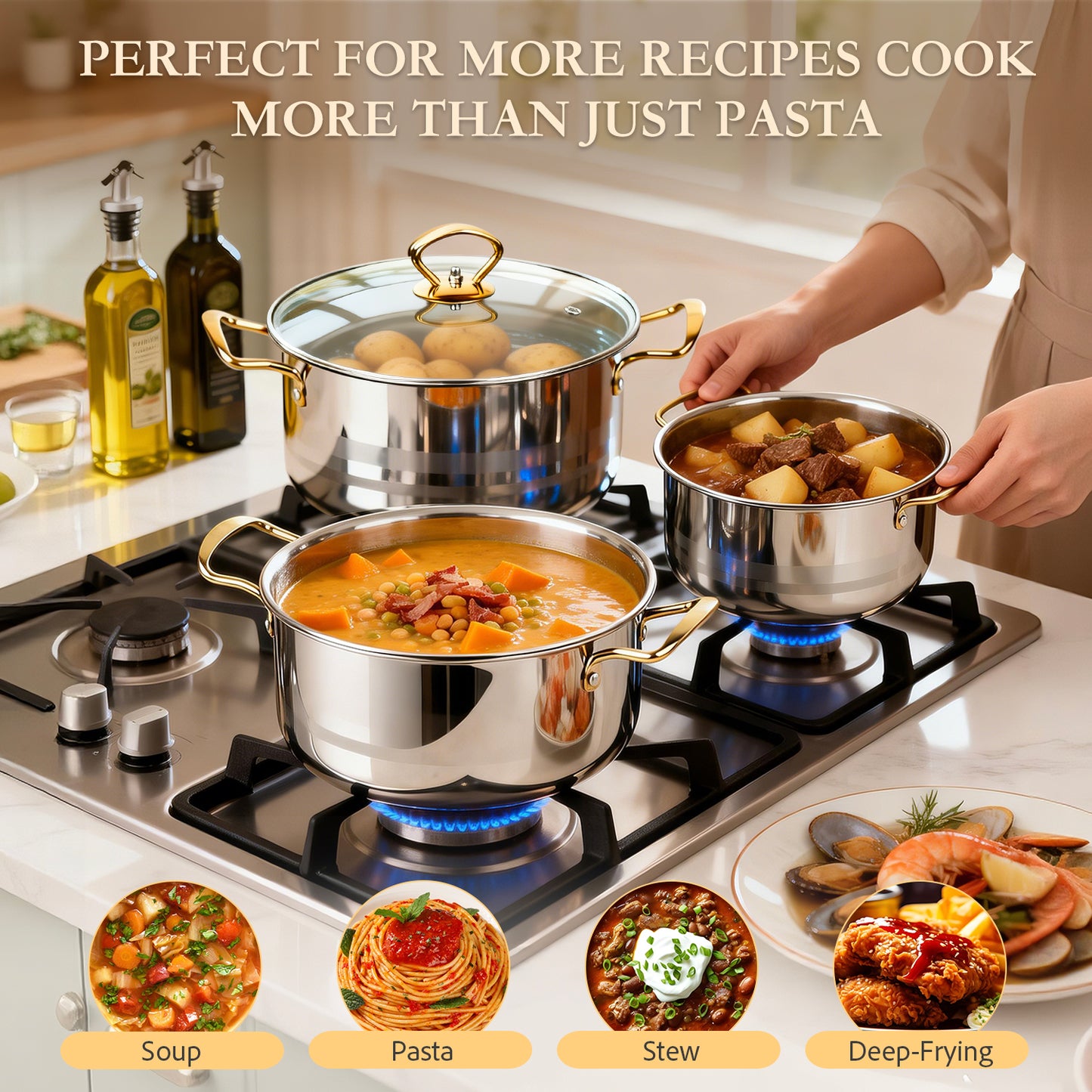 5 PCS Home Soup Pasta Pot, TAIMASI Stainless Steel Stock Pot with Visible Lid for Soup, Spaghetti, Heavy Duty Induction Cooking Pot for All Stoves, Dishwasher Safe