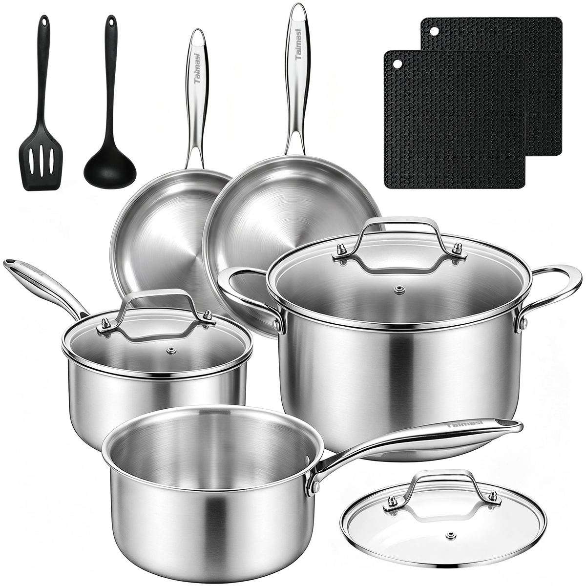 12 Pcs Stainless Steel Cookware Set, TAIMASI 3 Ply Pots and Pans Set, Induction & Oven Safe Kitchen Cookware Set, Non Toxic Kitchen Essential Cooking Set with Handle, Dishwasher Safe