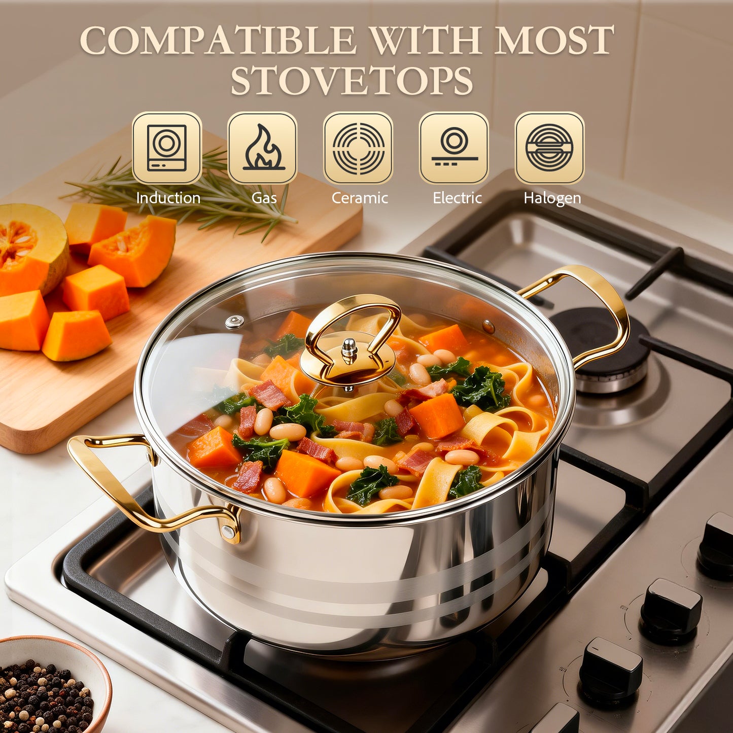 5 PCS Home Soup Pasta Pot, TAIMASI Stainless Steel Stock Pot with Visible Lid for Soup, Spaghetti, Heavy Duty Induction Cooking Pot for All Stoves, Dishwasher Safe