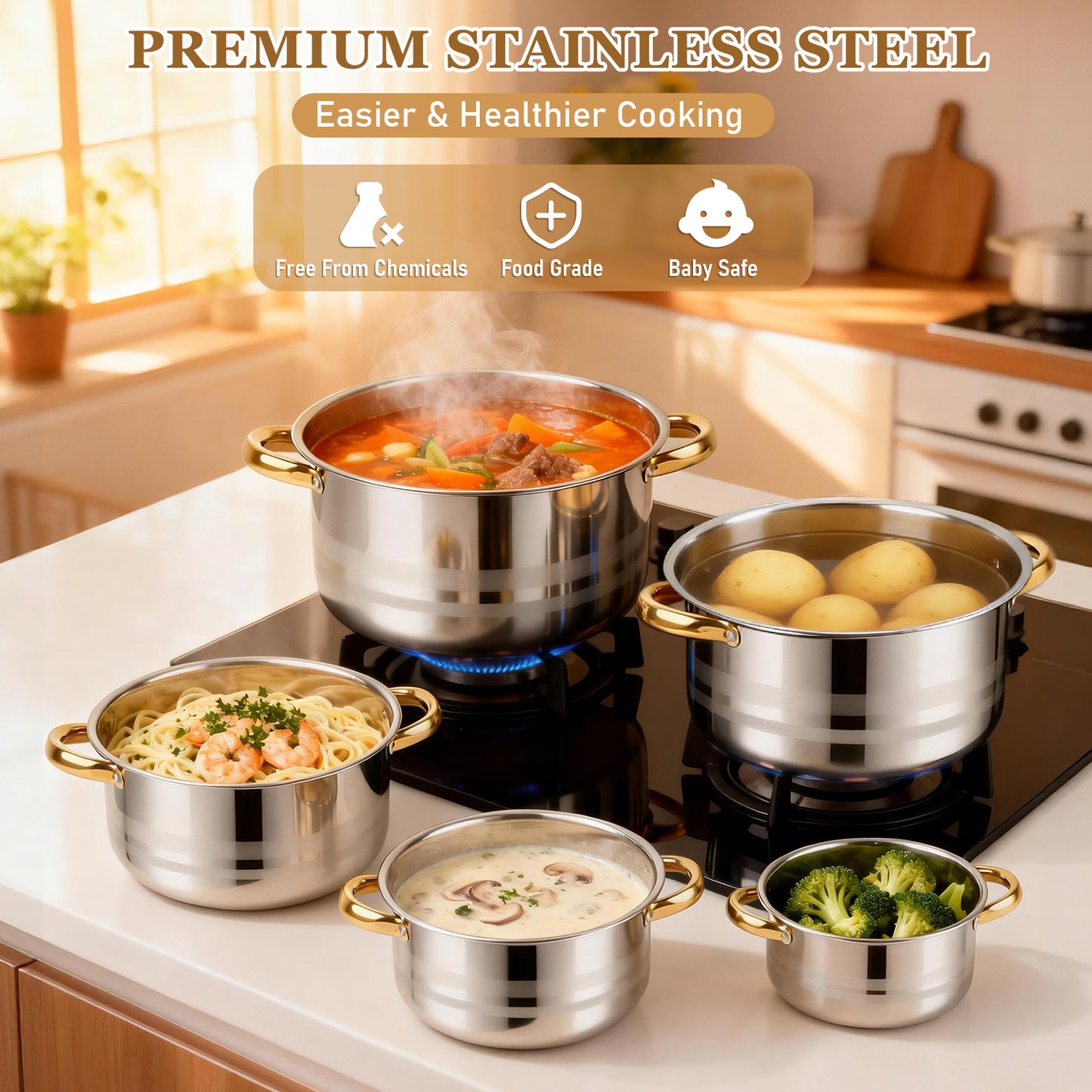 Home Sauce Pot, TAIMASI 5 PCS Stainless Steel Stock Pot with Lid for Pasta, Soup, Non Stick Stainless Steel Cookware Set Cooking Pot for All Cooktops