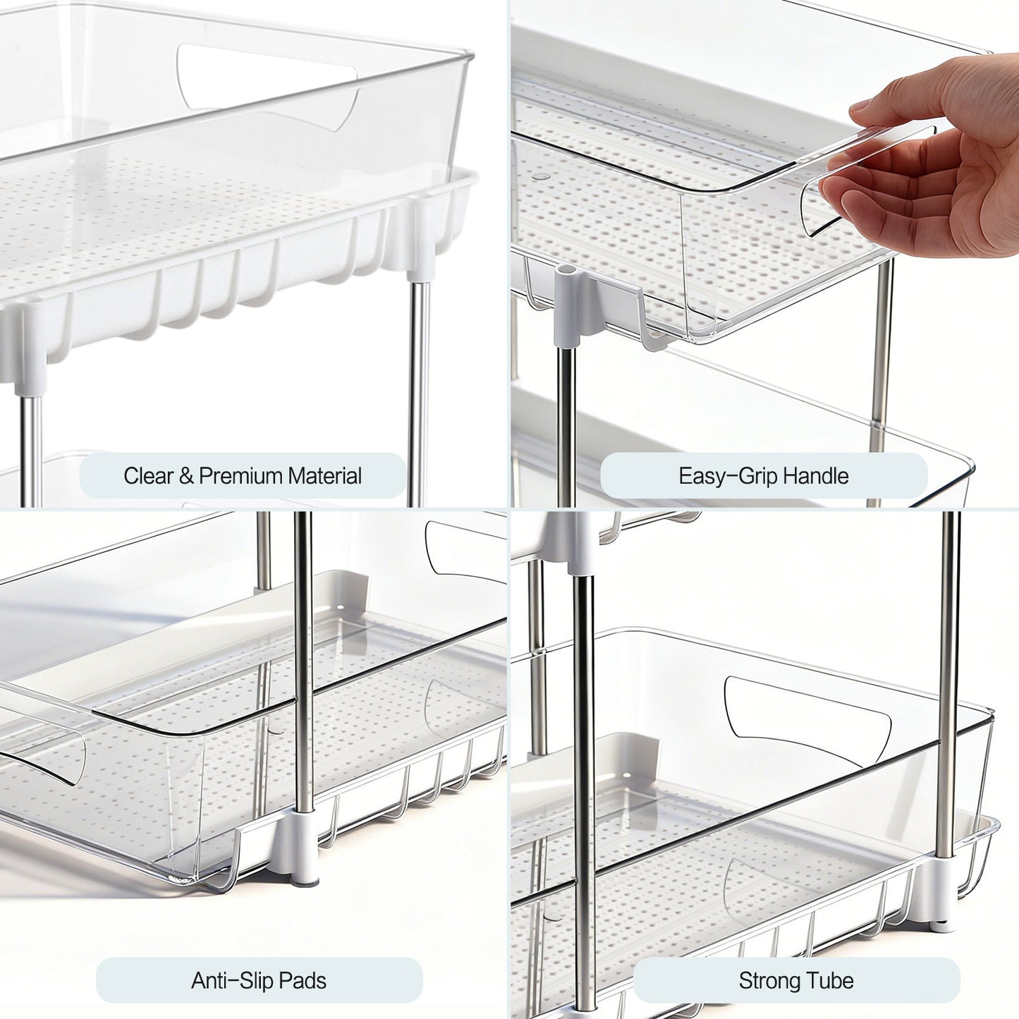 2 Pack Bathroom Organizer, 2 Tier Under Sink Organizers Vanity Countertop Storage Container, Kitchen Cabinet Drawers Bins, Pull-Out Organization for Pantry, Spice, White & Clear