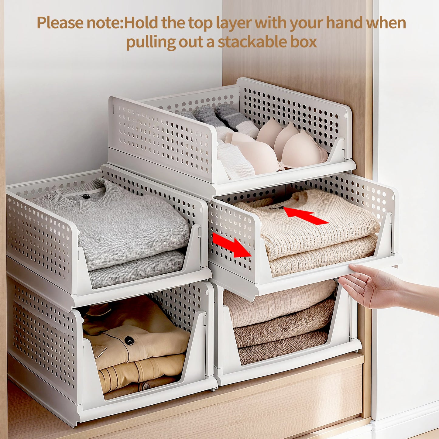 TAIMASI 8 Pack Stackable Closet Storage Basket, Multifunctional Foldable Closet Organizer for Kitchen Bathroom Laundry Room Wardrobe Storage, Space-Saving Clothes Storage Drawer Organizer, White