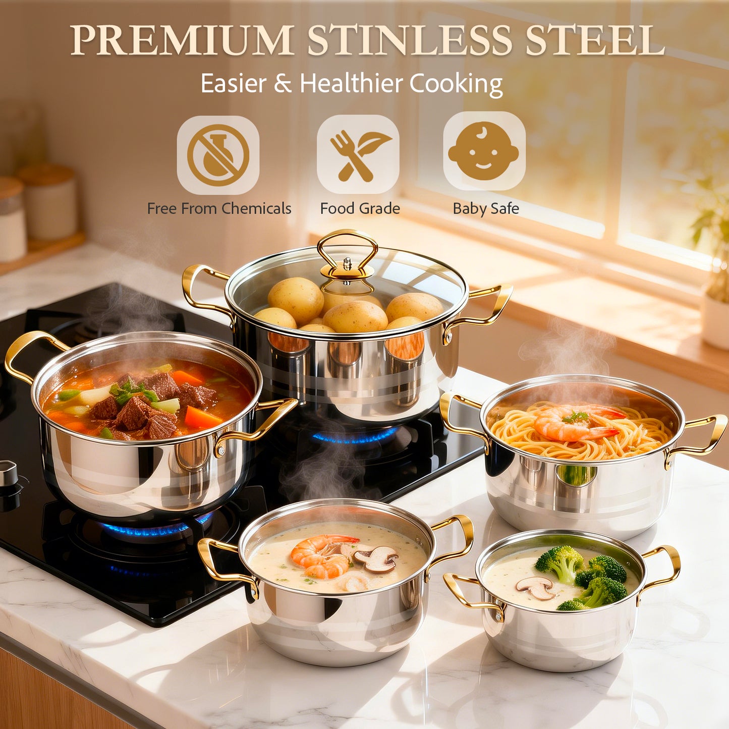 5 PCS Home Soup Pasta Pot, TAIMASI Stainless Steel Stock Pot with Visible Lid for Soup, Spaghetti, Heavy Duty Induction Cooking Pot for All Stoves, Dishwasher Safe