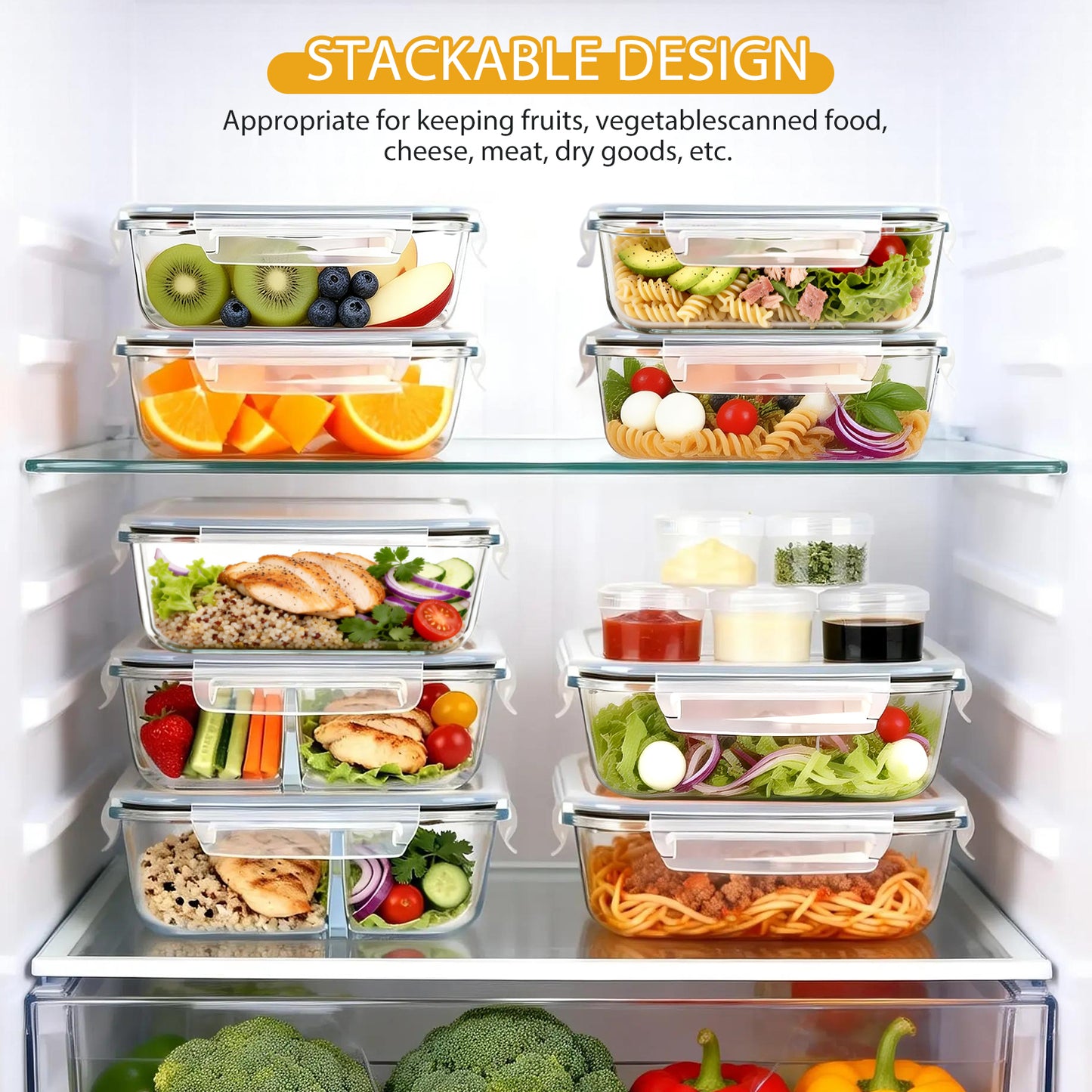 20 Pcs Glass Food Storage Containers with Lids, 1 & 2 Compartment Glass Airtight Meal Prep Containers with Sauce Containers(10 Containers & 10 Lids), Oven & Freezer Safe, Leak Proof, Grey