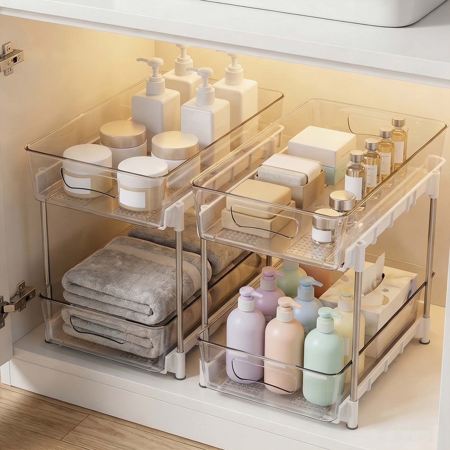 2 Pack Bathroom Organizer, 2 Tier Under Sink Organizers Vanity Countertop Storage Container, Kitchen Cabinet Drawers Bins, Pull-Out Organization for Pantry, Spice, White & Clear