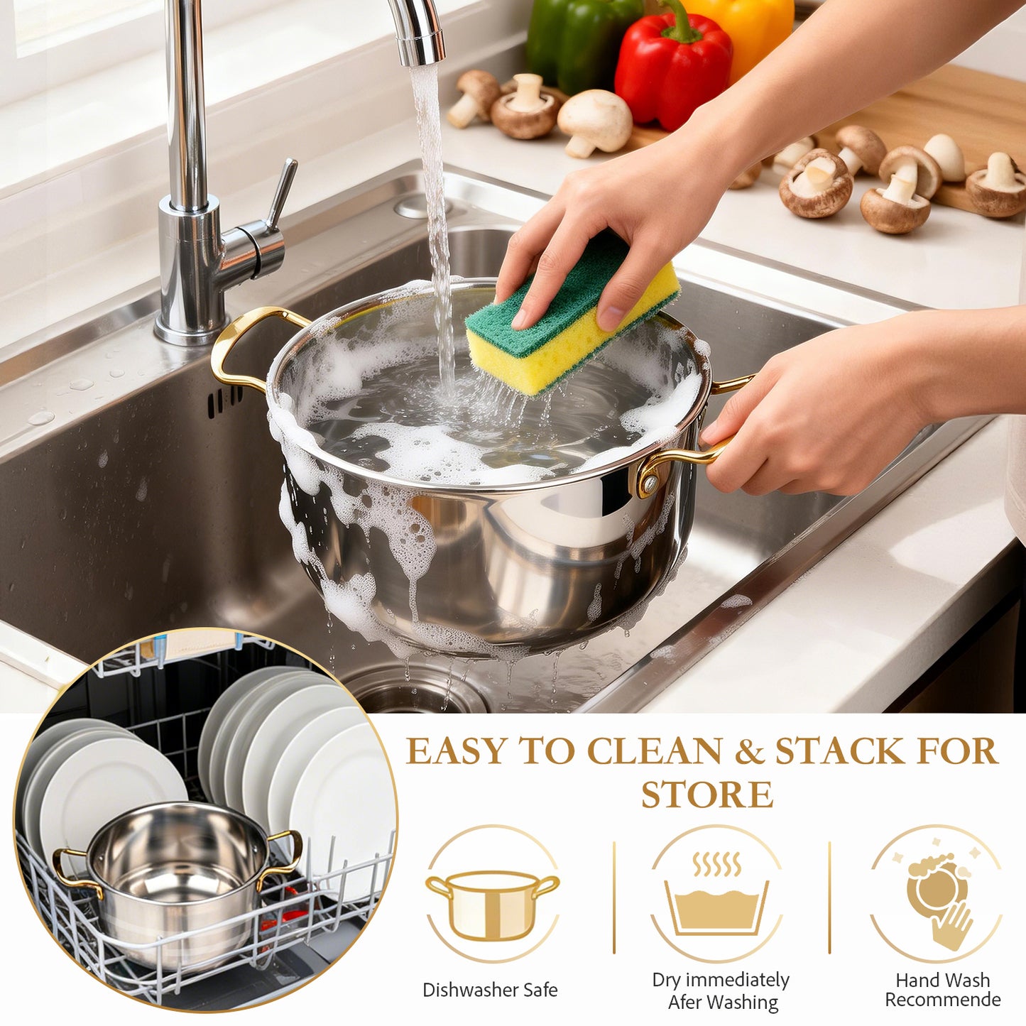 5 PCS Home Soup Pasta Pot, TAIMASI Stainless Steel Stock Pot with Visible Lid for Soup, Spaghetti, Heavy Duty Induction Cooking Pot for All Stoves, Dishwasher Safe