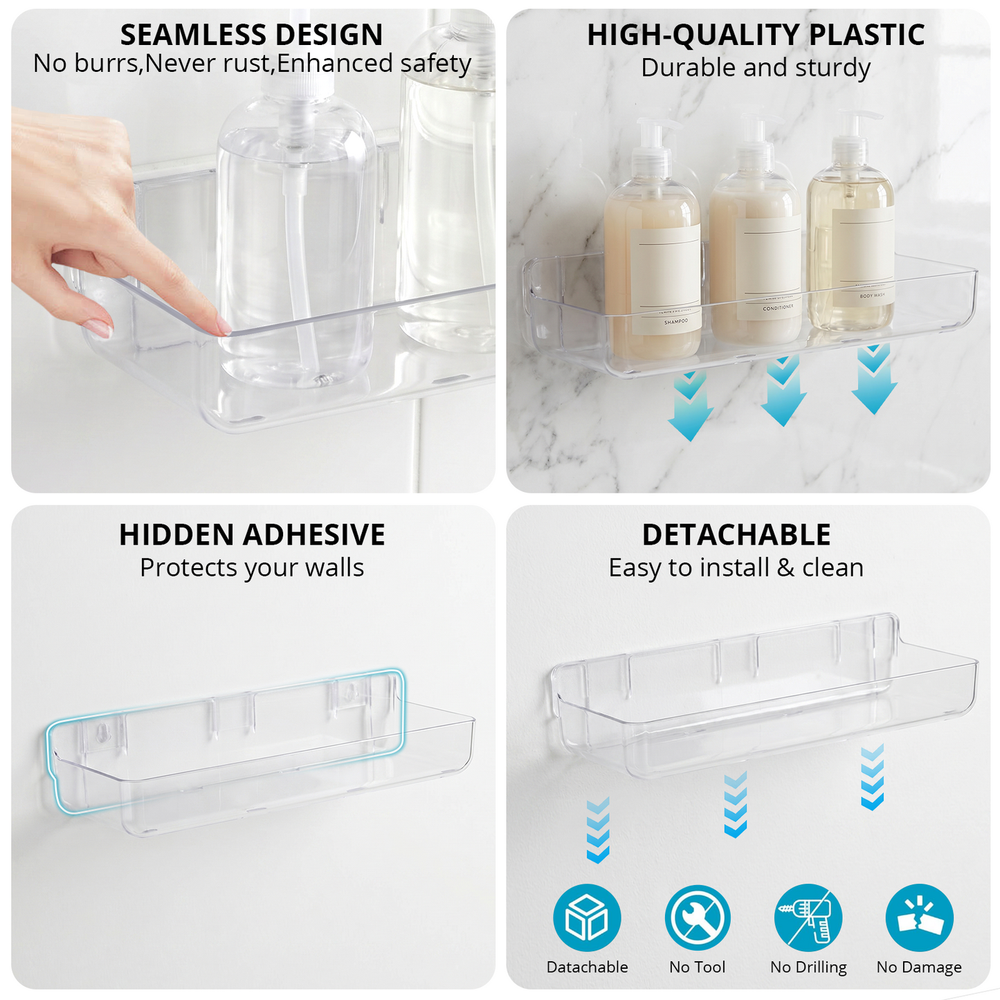 5 Pack Adhesive Shower Caddy, Clear Bathroom Organizers and Storage, Shower Organizer for Adhesive Wall Shelf, No Drill Wall Mounted Shower Shelves with Drainage Holes for Shampoo, Toiletries, Makeup