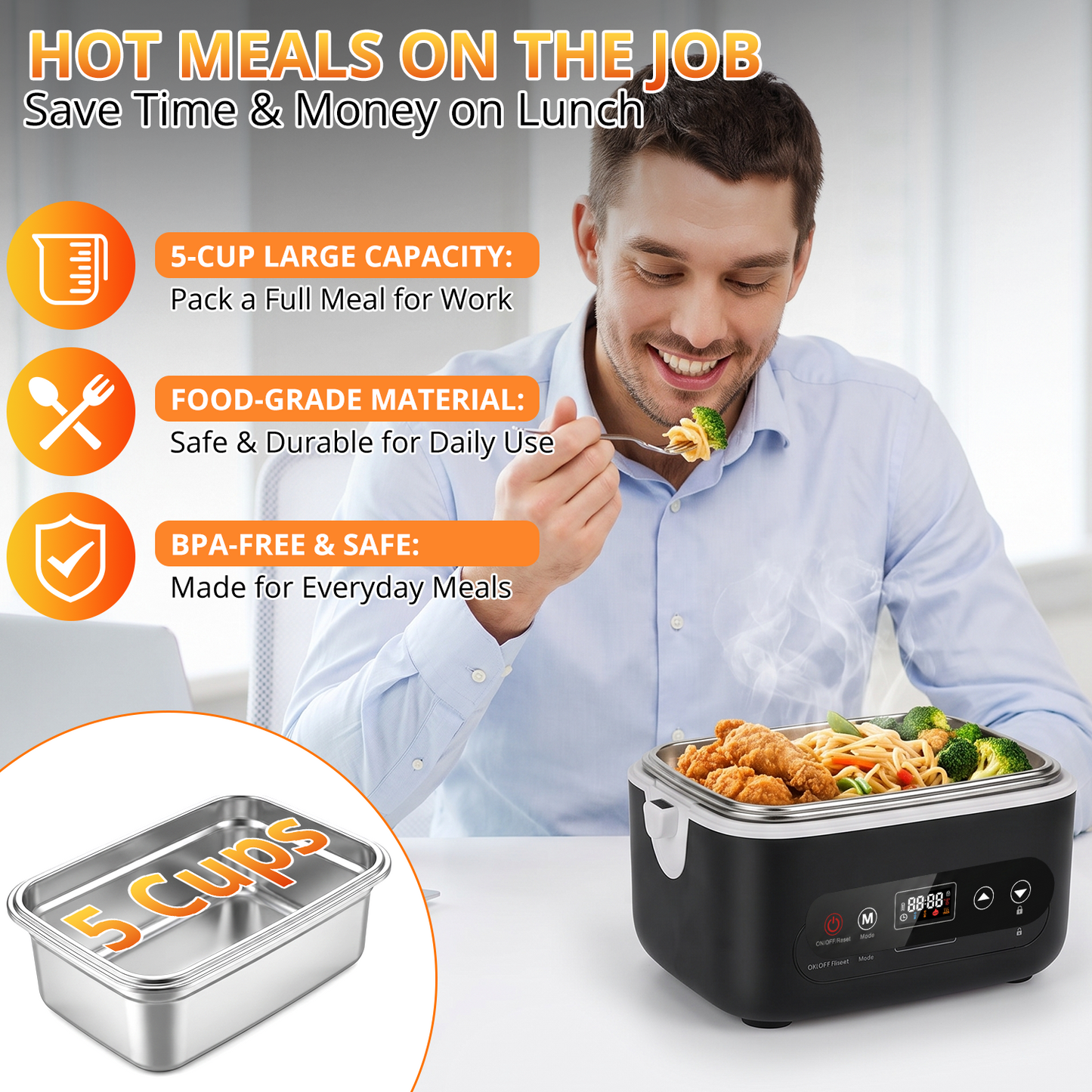 Heated Lunch Box, 5-Cup Electric Lunch Box for Adults, Rechargeable Heating Lunch Box with Scheduled Heating, Leak-Proof, Bonus Ice Pack & Insulated Bag for Work, Outdoor, Travel, Car, Office