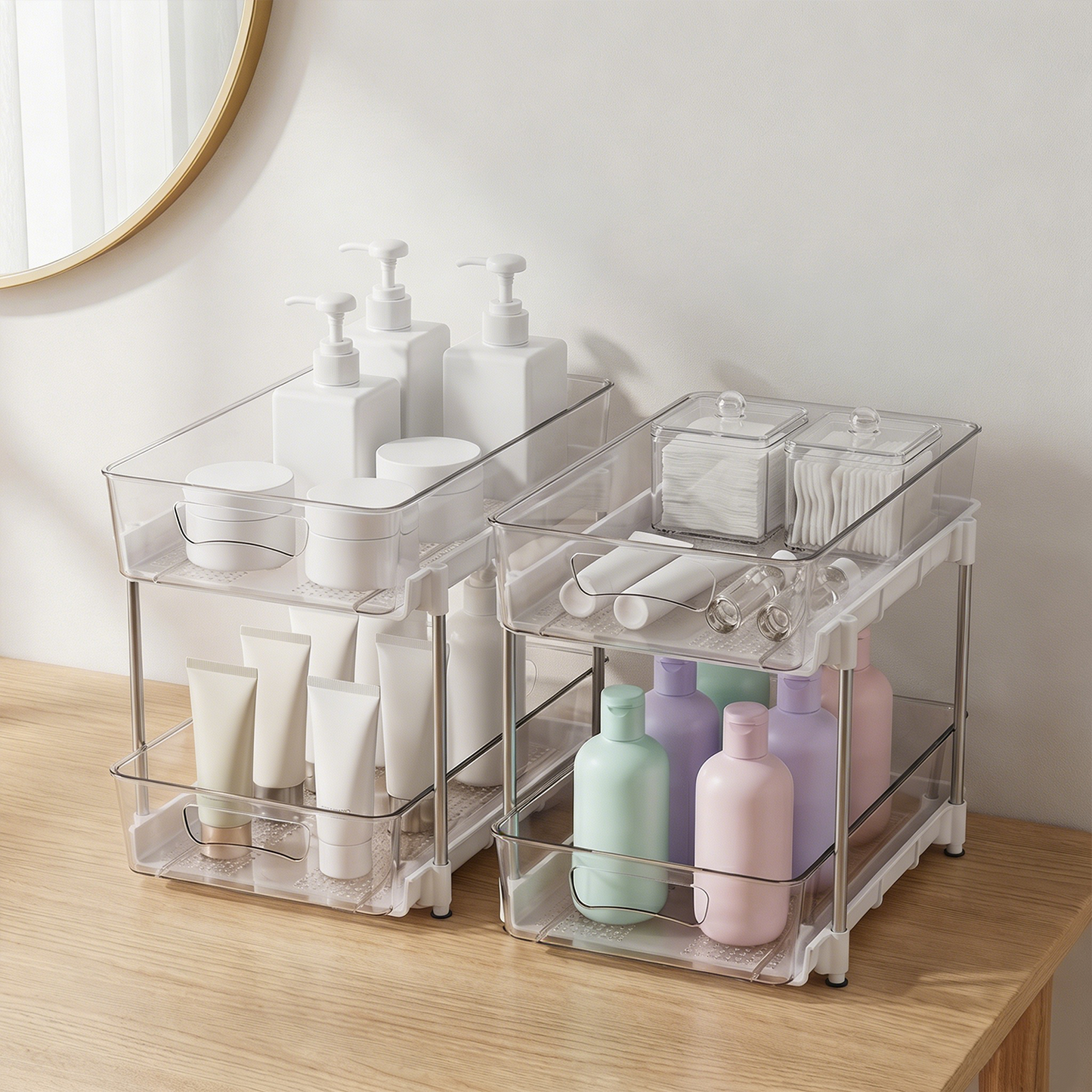 2 Pack Bathroom Organizer, 2 Tier Under Sink Organizers Vanity Countertop Storage Container, Kitchen Cabinet Drawers Bins, Pull-Out Organization for Pantry, Spice, White & Clear