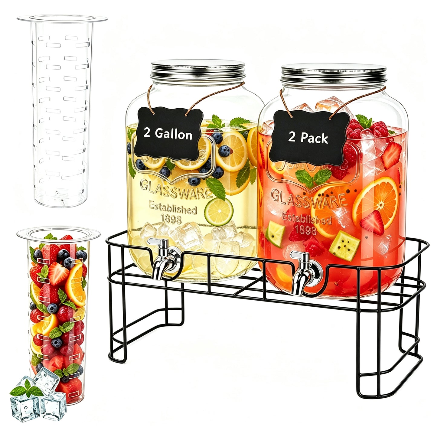 2 Gallon Drink Dispensers, TAIMASI 2 Pack Glass Beverage Dispenser with Stand & Stainless Steel Spigot for Parties, Lemonade Dispenser for Sun Tea, Picnic