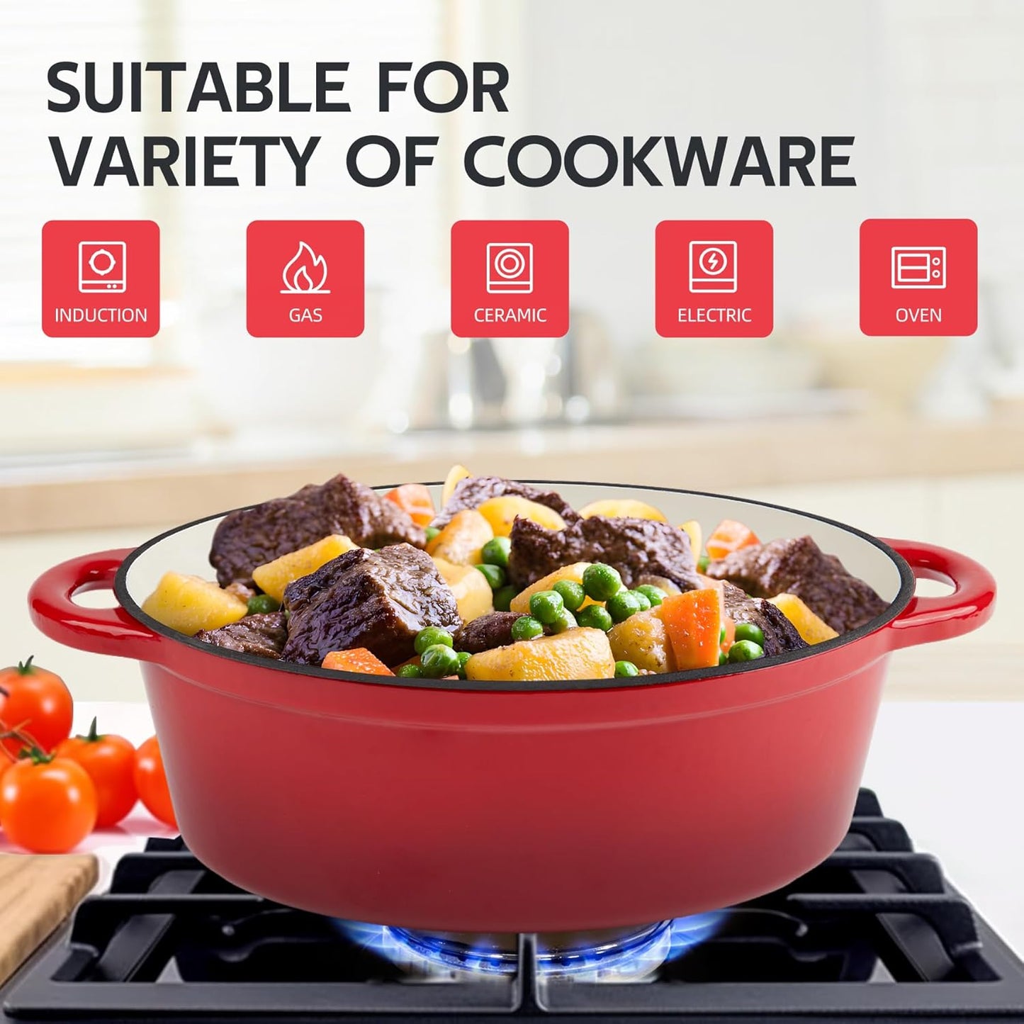 Enameled Oval Dutch Oven Pot , TAIMASI Cast Iron Dutch Oven with Dual Handles and Lid, Non-stick Enamel Coated Cookware for Bread Baking, Cooking, Frying, Oven Safe, Red