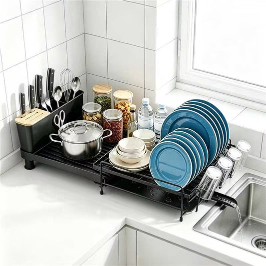 Extendable Dish Rack for Kitchen Counter, TAIMASI Multifunctional Large Dish Drying Rack, Anti-Rust Dish Drainers with Drainboard, Utensil Holder, Cup Holder, 19.2"-26.7" L x 12.9" W, Black