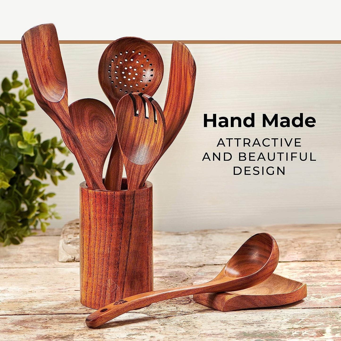 13Pcs Wooden Utensil Set with Holder, AOKIWO Natural Teak Wood Kitchen Utensil Set ,Spoons and Spatula Set with Spoon Rest, Nonstick Kitchen Cookware, Brown
