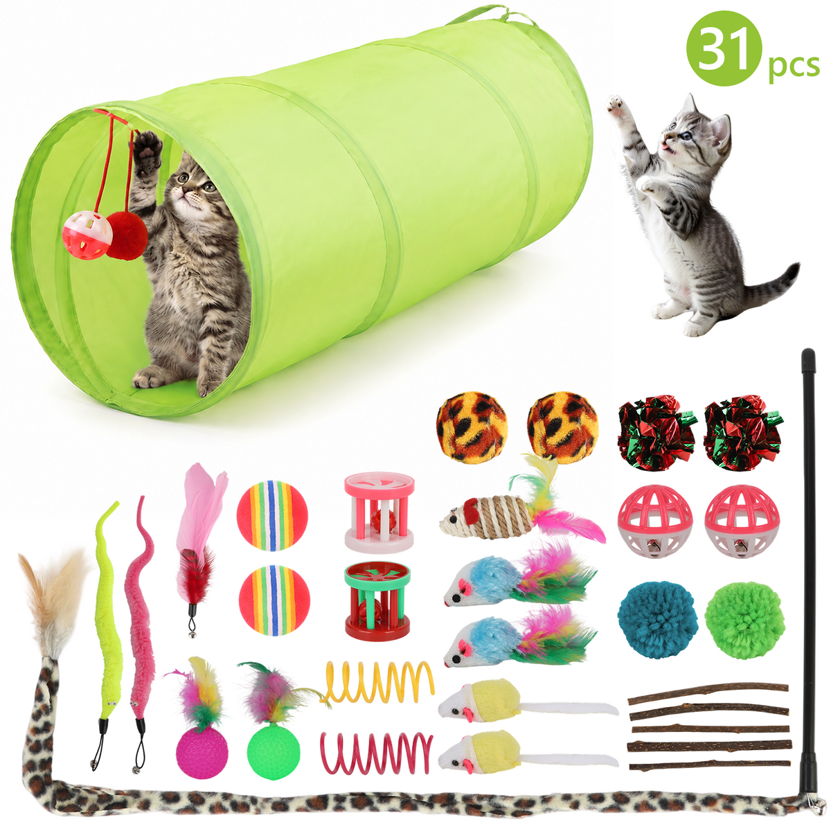 TAIMASI 31 Pcs Cat Toys Kitten Toys, Assorted Interactive Cat Toys Set with Collapsible Cat Tunnel, Teaser Wand, Fluffy Mouse Toy, Crinkle Balls