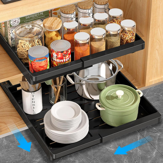 2 Pcs Pull Out Cabinet Organizers Expandable (13''-19''), Plastic Slide Out Drawers for Kitchen, Bathroom, Pantry, Under Sink, Pull Out Drawers Fixed with Adhesive Nano Film (Black)