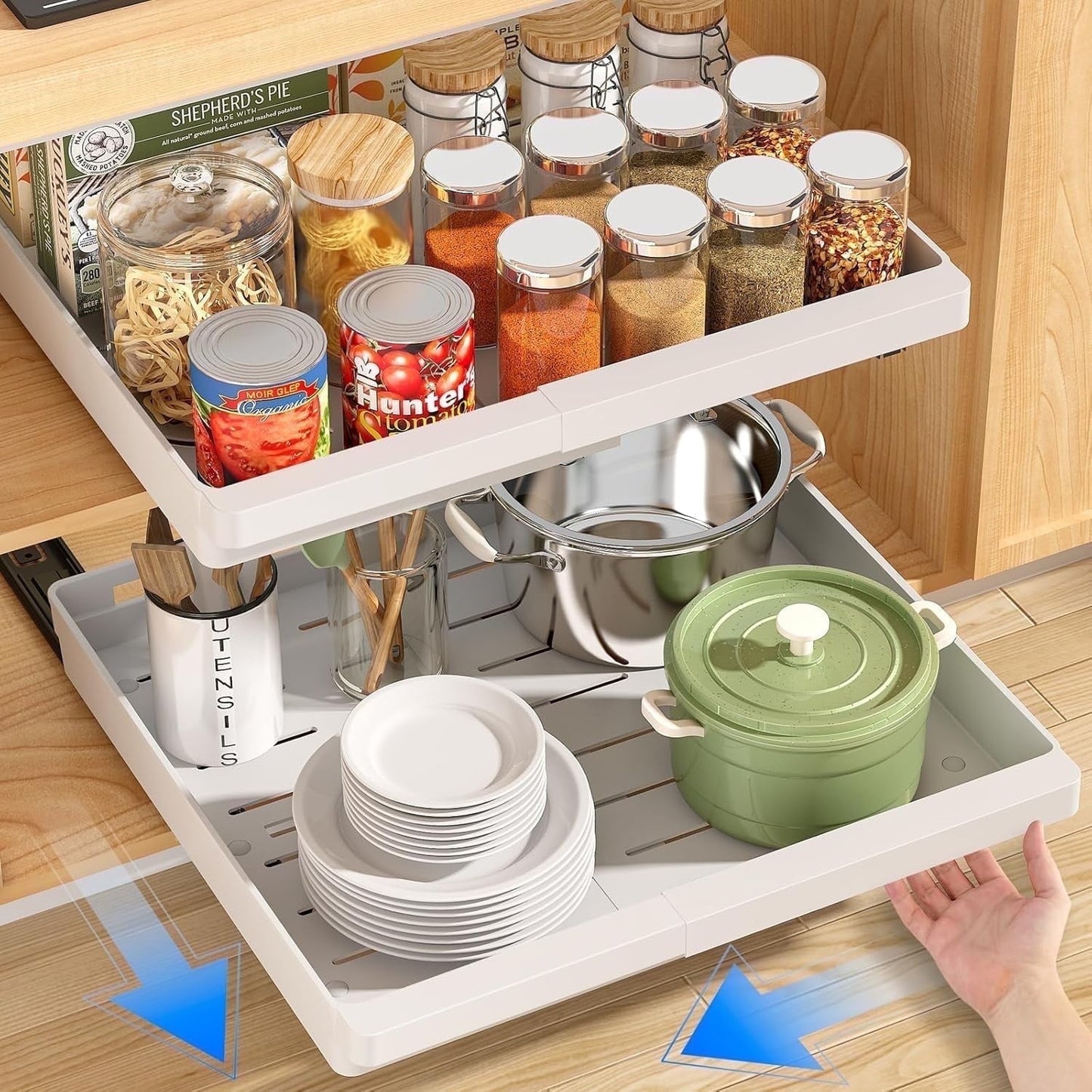 2 Pack Expandable Pull Out Cabinet Organizer, AOKIWO Slide Out Drawers with Adhesive Nano Film for Kitchen Pantry Under Sink (White, 11.6''-17.5'')