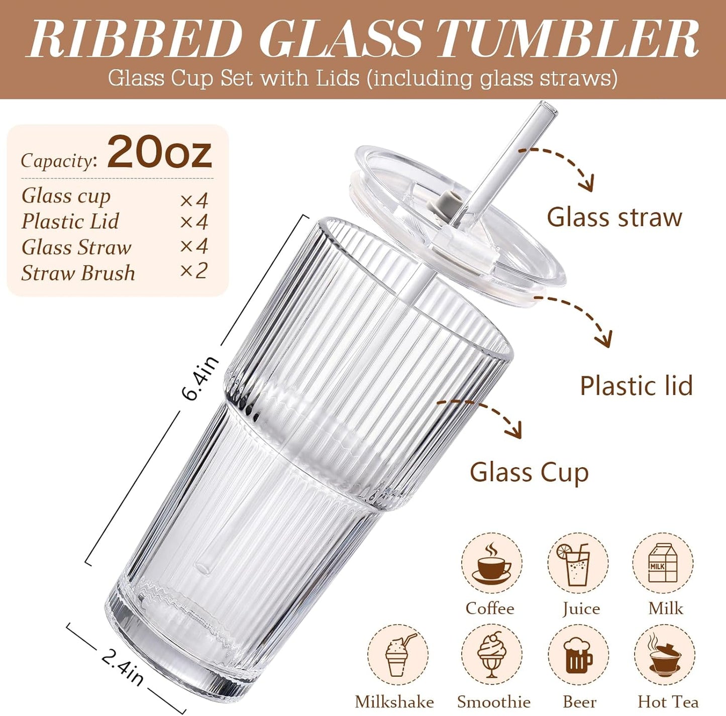 Iced Coffee Cups with Lids, 4Packs Ribbed Glass Tumbler with Straws and Lids, 20oz Leak Proof Tumbler Coffee Bar Accessories Reusable Glass Cups for To Go Iced Coffee