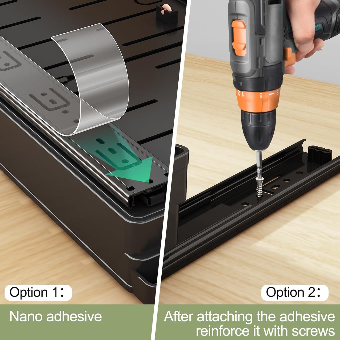 2 Pcs Pull Out Cabinet Organizers Expandable (11.6''-17.5''), Plastic Slide Out Drawers for Kitchen, Bathroom, Pantry, Under Sink, Pull Out Drawers Fixed with Adhesive Nano Film (Black)