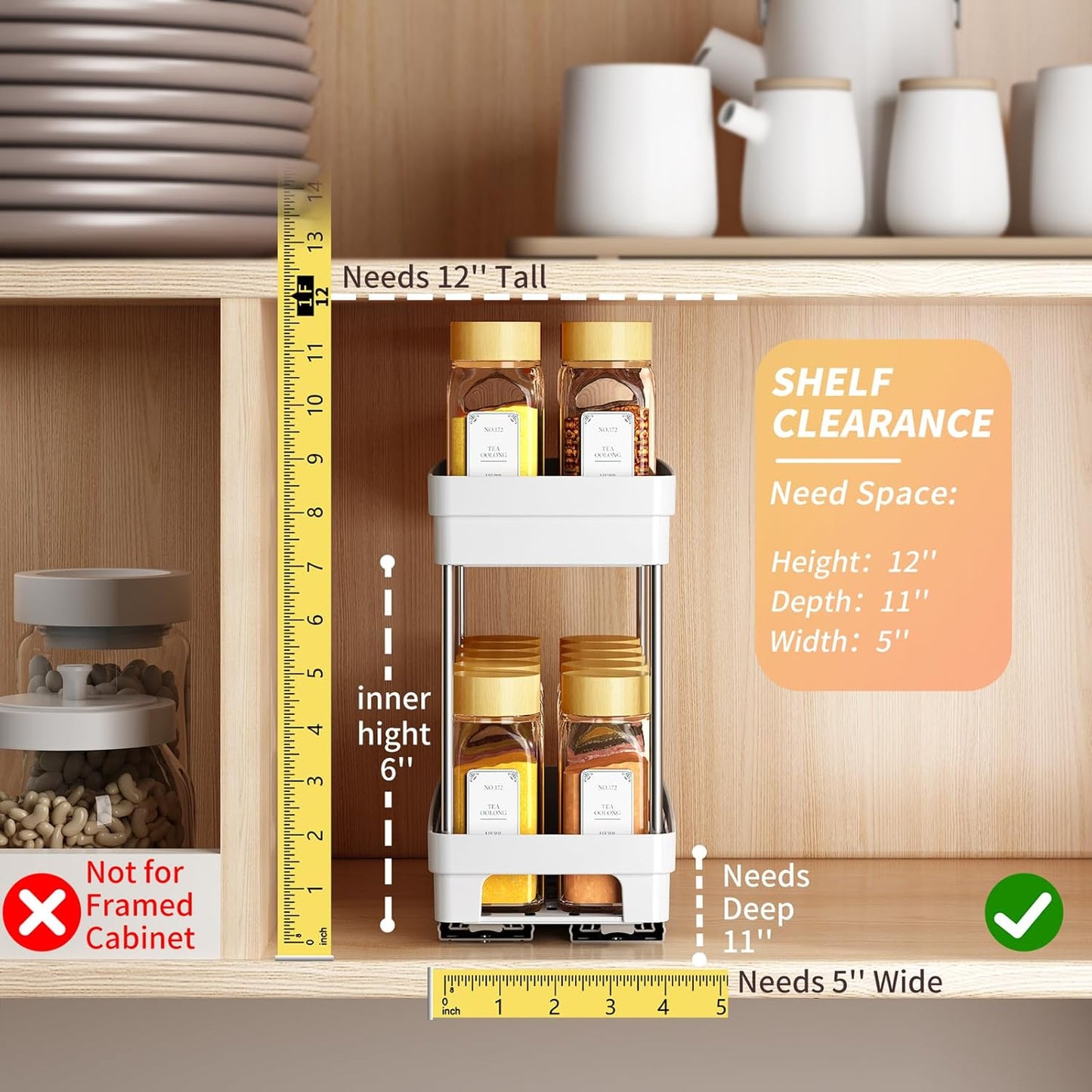 2 Tier Pull Out Spice Rack Organizer for Cabinet, 3 Packs Slide Out Spice Racks Organizer, Spice Cabinet Organizers, Cabinet Size Need:12'' Highx11'' Deepx5'' Wide, White