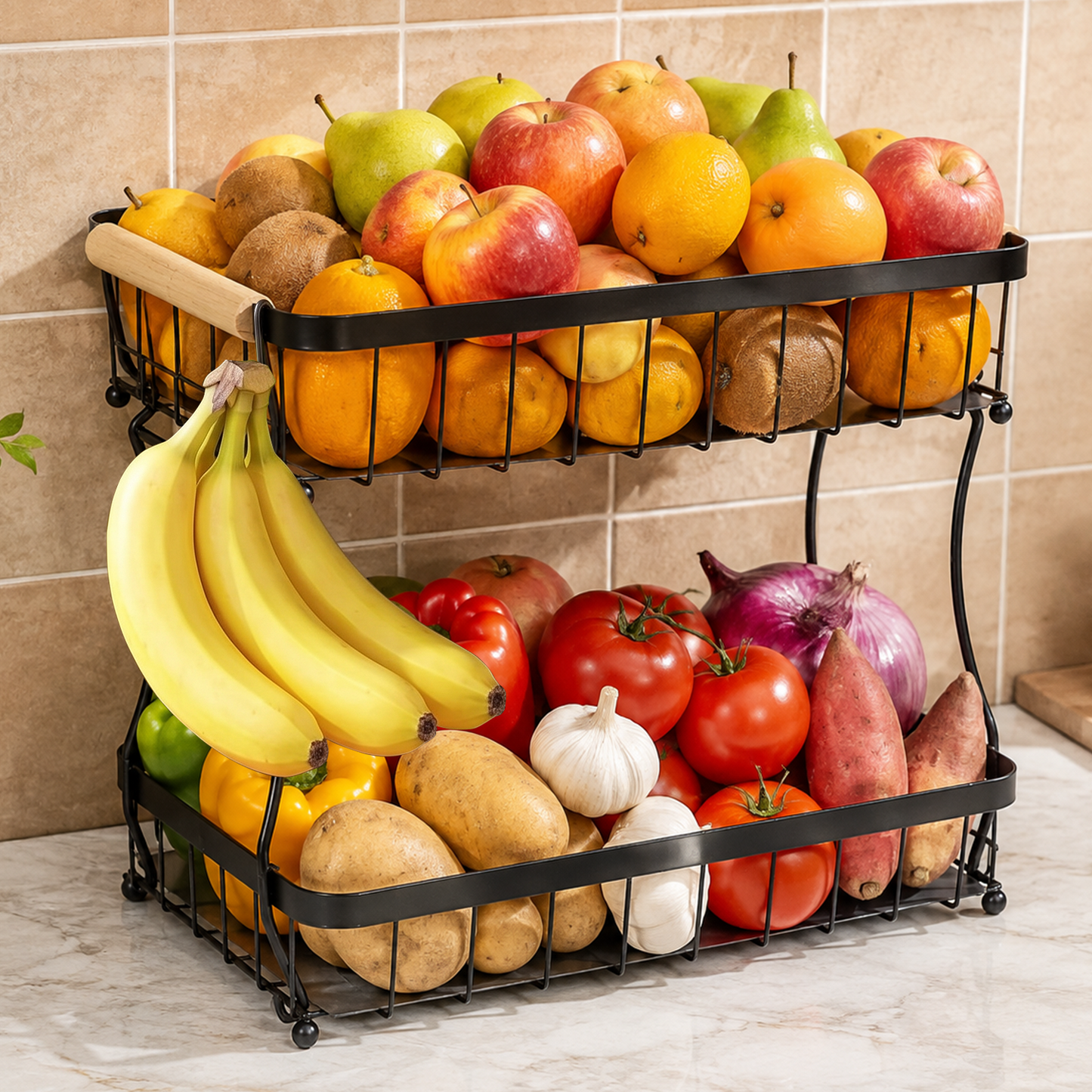 2 Tier Large Fruit Basket for Kitchen Counter with 2 Mobile Banana Hangers, TAIMASI Detachable Metal Fruit Bowl with Wooden Handle, Fruit Holder for Bread Snack Veggies with Protective Mats